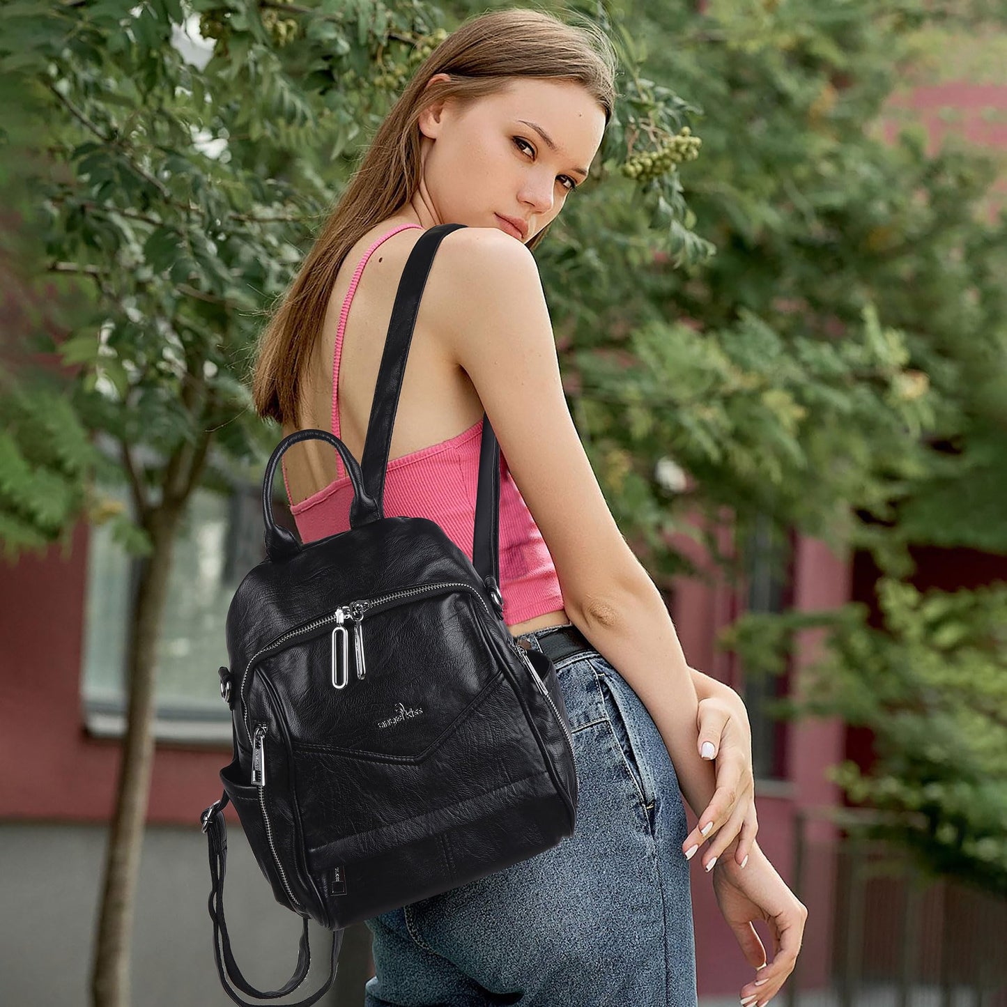 Angel Kiss Small Backpack Purse for Women,Soft Vegan Leather Roomy Backpacks,Designer Ladies Shoulder Backpack Fashion Handbag with Removable Strap,Black