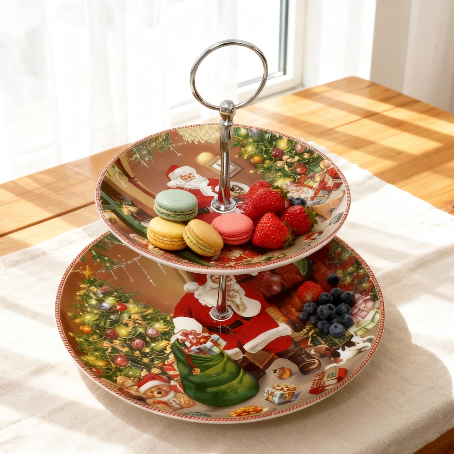 2-Tier Red Round Porcelain XMAS Cake Fruit Stand Plate with Gift Box, Cupcake Serving Display Set, Ceramic Pastry Tray Towers Platter for Dessert Appetizer Candy Buffet for Home Party (Christmas Man)