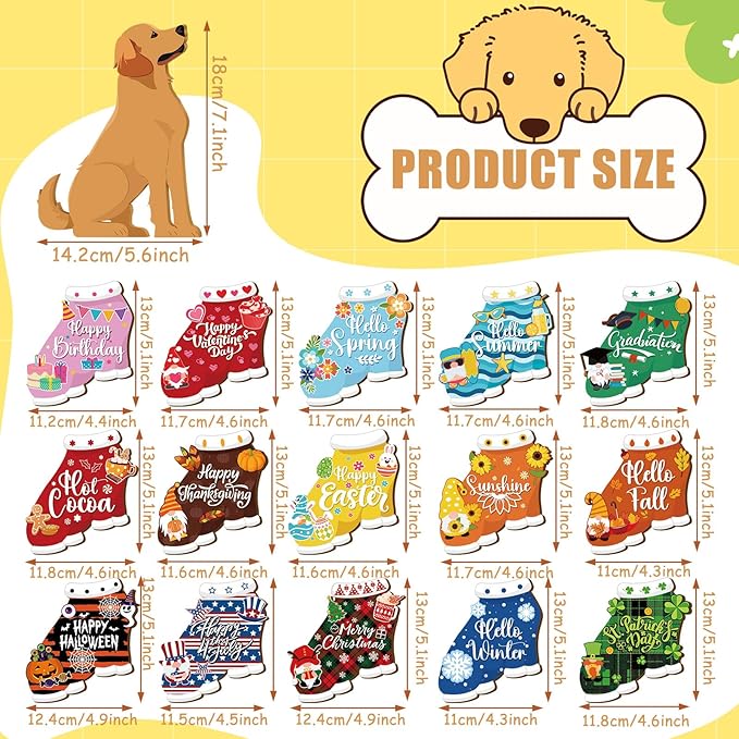 Barydat 16 Pcs Seasonal Dachshund Dog Welcome Sign Lovely Interchangeable Front Door Decoration, Wooden Rustic Holiday Door Wall Decor for Independence Day Summer Fourth of July Decoration(Cute Dog)