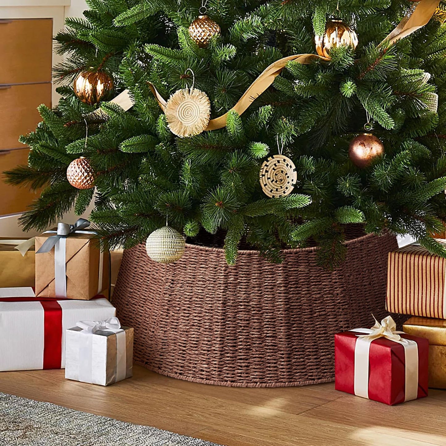 Hommtina Christmas Tree Collar- 33",Christmas Tree Base Christmas Basket Collar for Home, Living Room,for Covering Tree Stand (Brown3, 33 in)