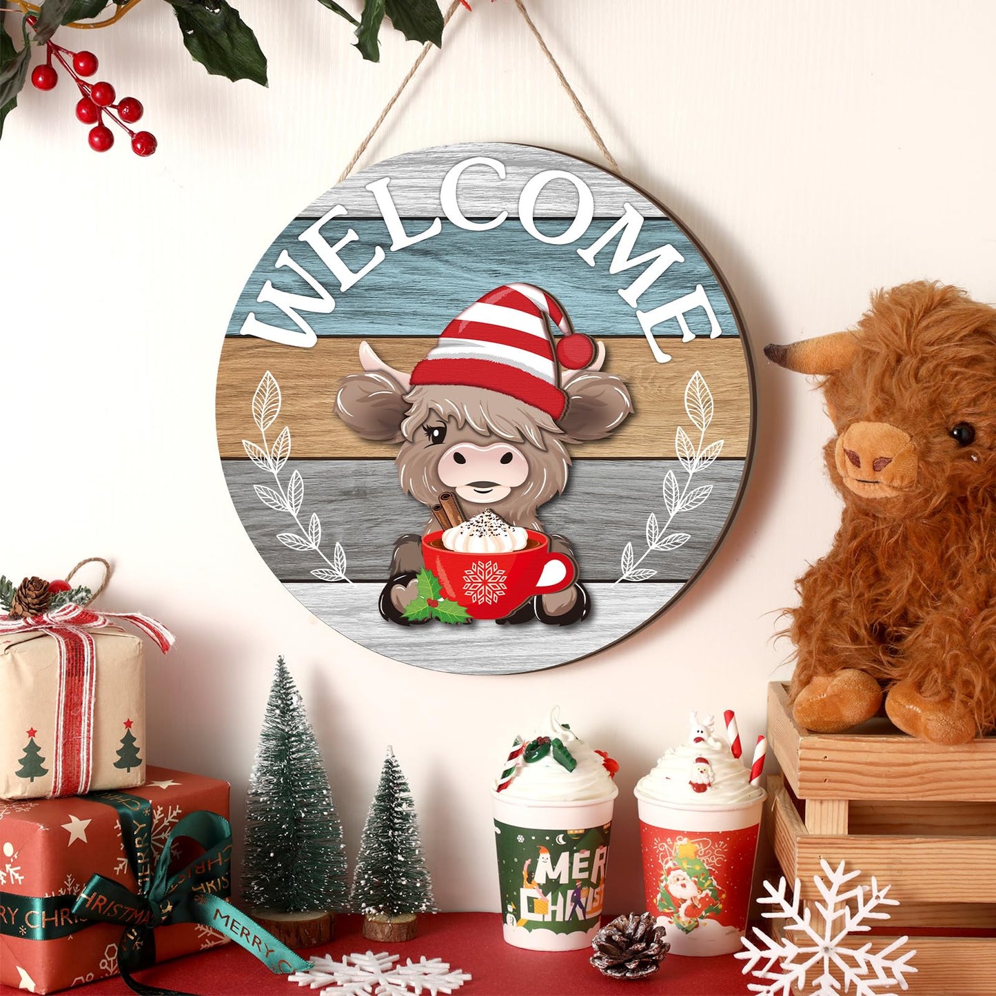 Vicenpal 35 Pcs Patriotic Interchangeable Highland Cow Welcome Sign 4th of July Highland Cow Seasonal Wooden Hanging Door Decor Farmhouse Hanging Sign for All Seasons Holiday Party Decor(Light Blue)