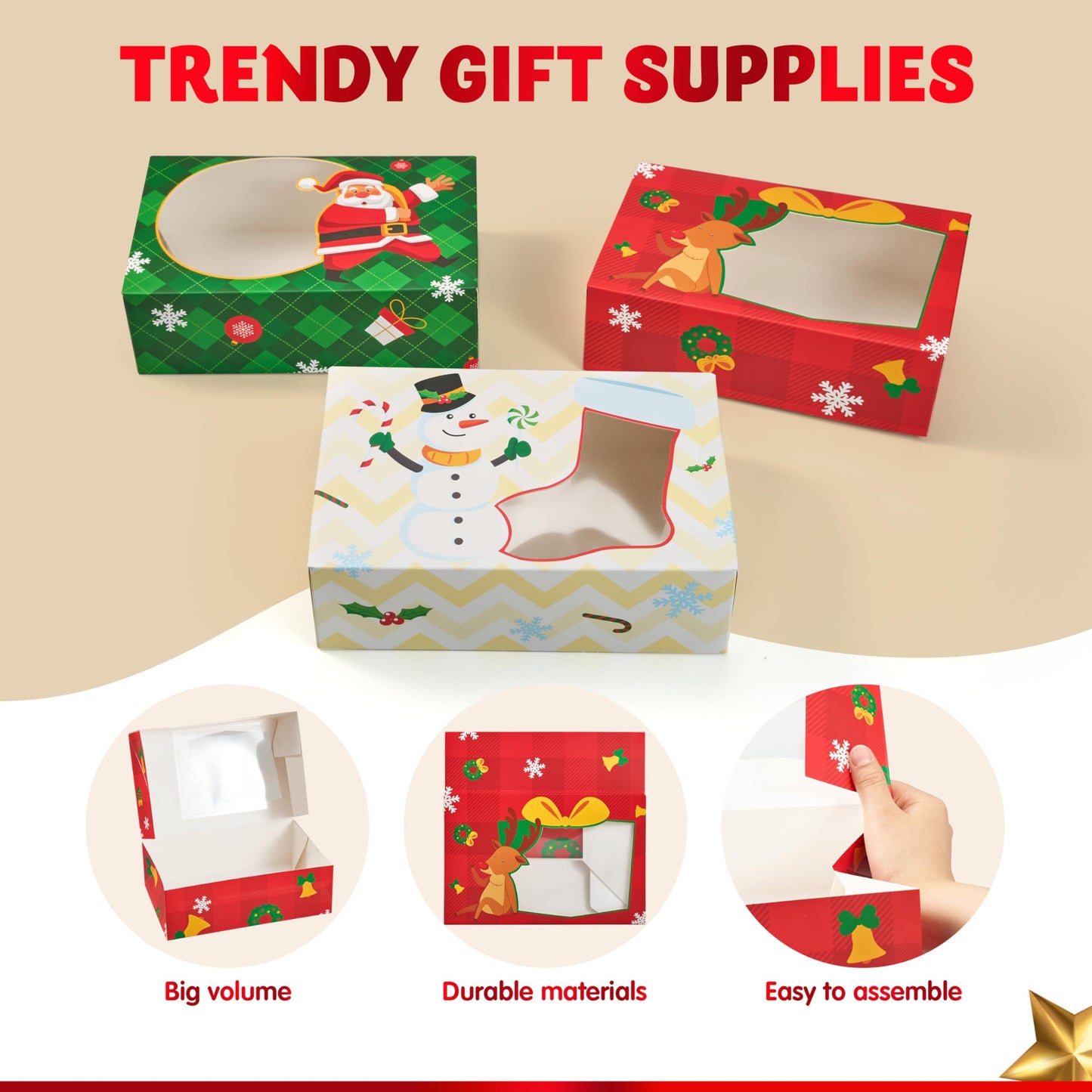 JOYIN 24PCS Christmas Cookie Boxes for Gift Giving, 8.75" x 5.75" x 2.75" Xmas Holiday Bakery Treat Boxes with Window, Kraft Cookie Tin Containers Box for Baked Goods, Cupcake, Pastry, Candy, Doughnut