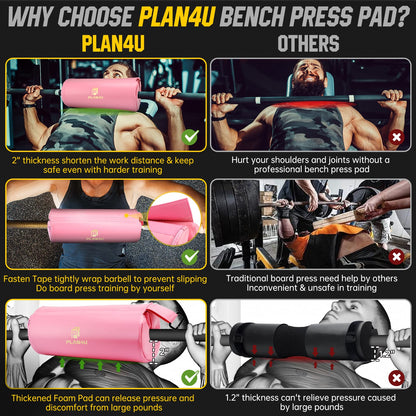 Plan4U Barbell Pad for Bench Press Hip Thrust Weightlifting, Upgraded Board Press with 2 inches Non-Slip Thickness Leather Foam Pad Fits Standard Olympic Bars for Powerlifting Bench Workout, Pink