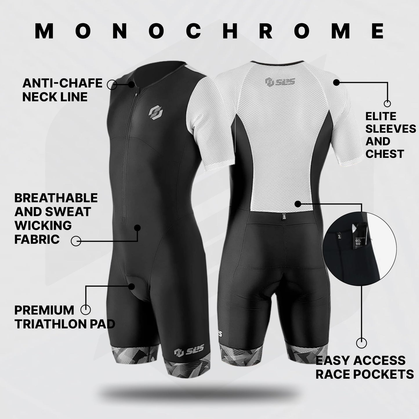 SLS3 Triathlon Suits Mens - Aerodynamic Sleeved Tri Suit Men – Lightweight Trisuit with Premium FX Fabrics - 2 Pockets (Monochrome, Small)