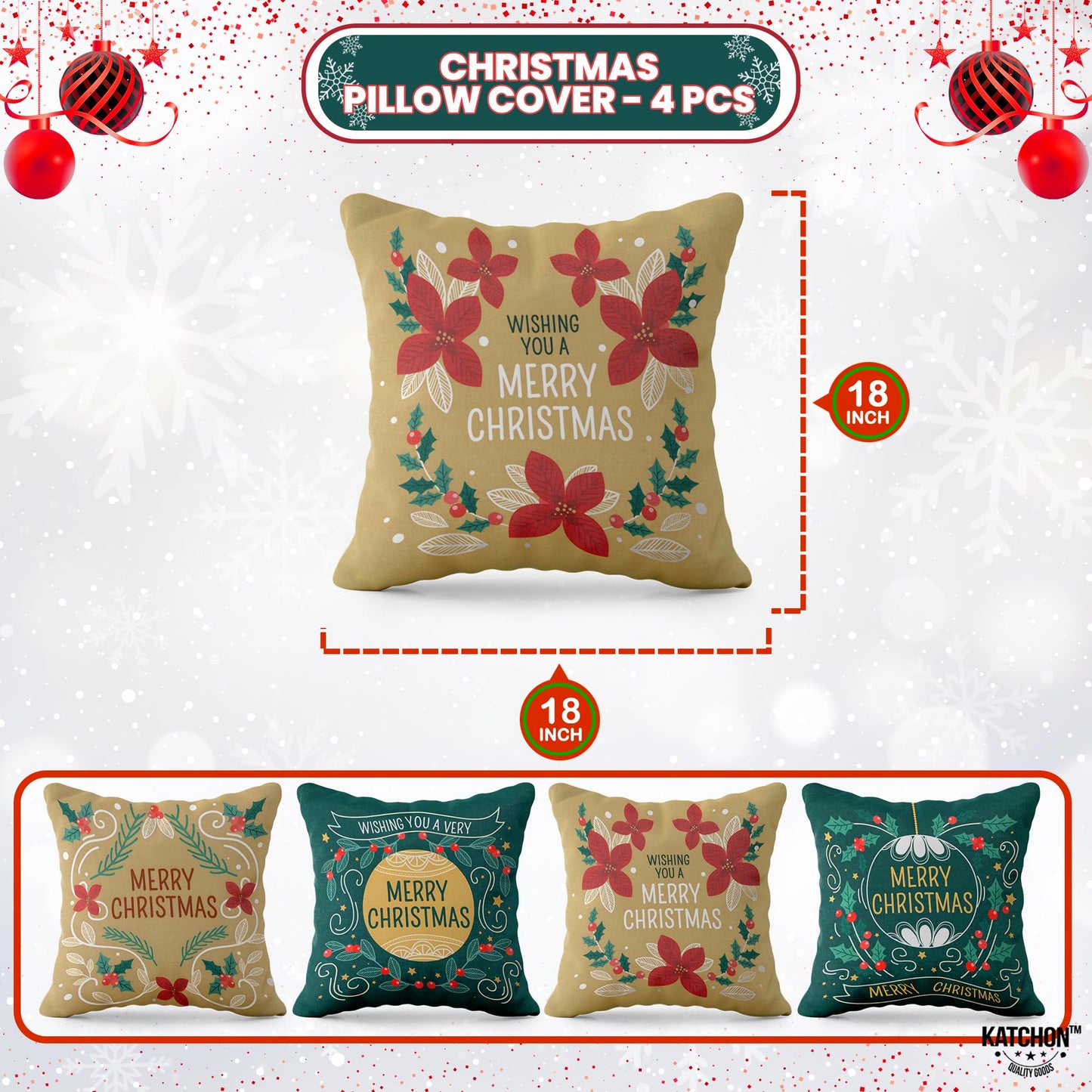 KatchOn, Merry Christmas Pillow Covers 18x18 - Pack of 4 | Green and Gold Christmas Throw Pillow Covers | Christmas Decorations Indoor | Holiday Pillow Cases