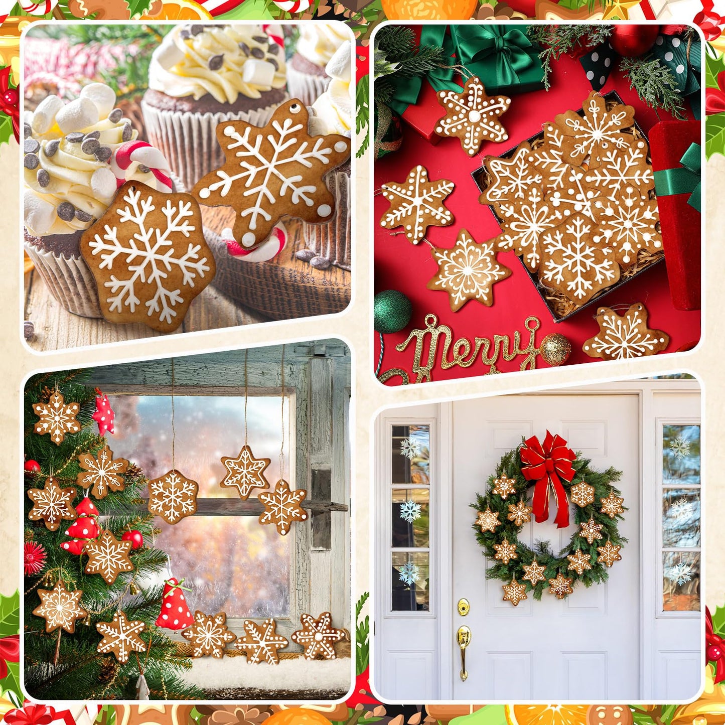 Quzzil 36 Pcs Christmas Gingerbread Ornaments for Tree Mini Snowflake Wooden Hanging Winter Xmas Ornaments with Ropes for Christmas Party Holiday Winter Crafts
