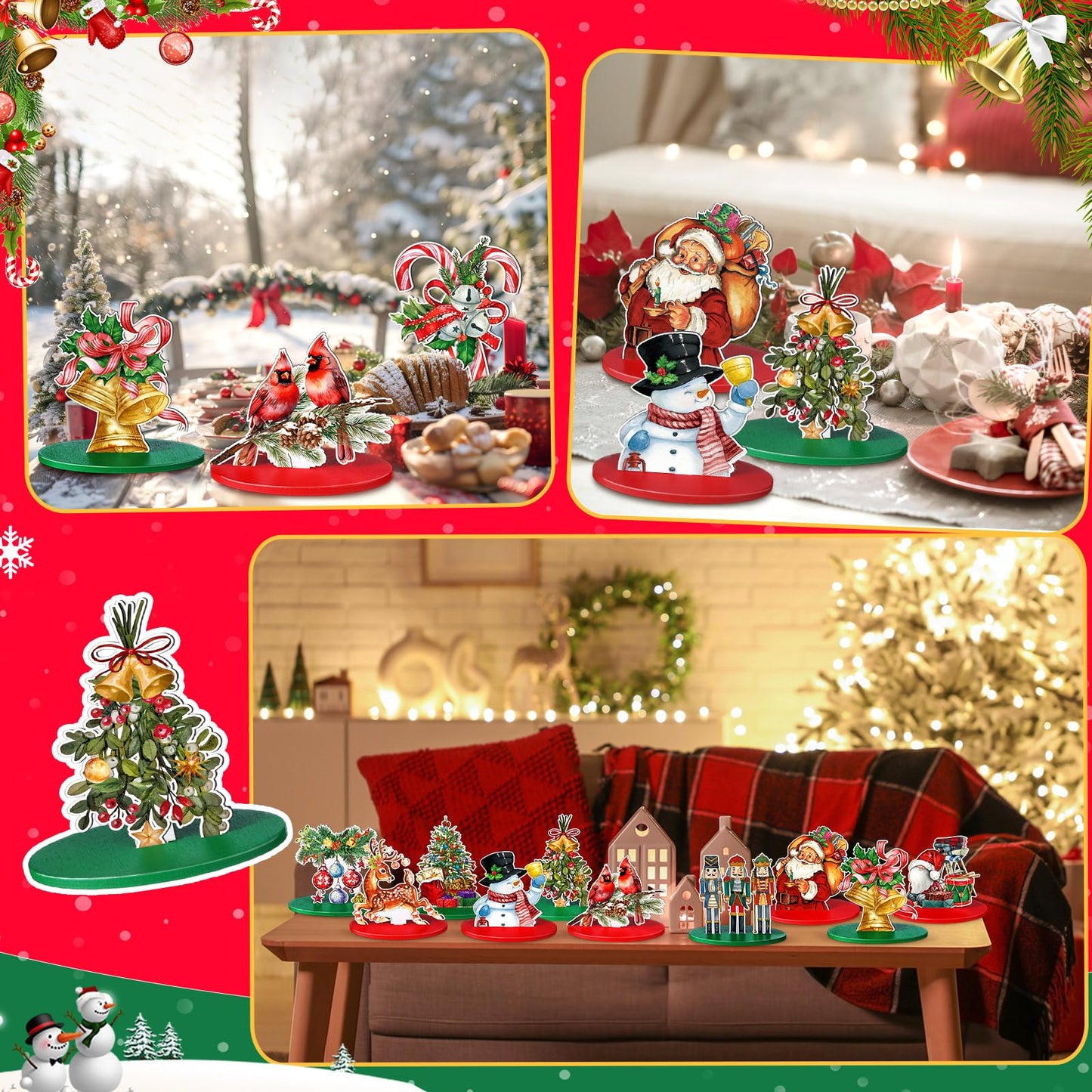 Yousoontic 12 Pcs Christmas Wooden Table Centerpieces Decorations Santa Claus Snowman Pine Tree Elk Nutcracker Wooden Signs Tabletop Centerpieces Home Decor for Xmas Holiday (Wonderful Christmas)