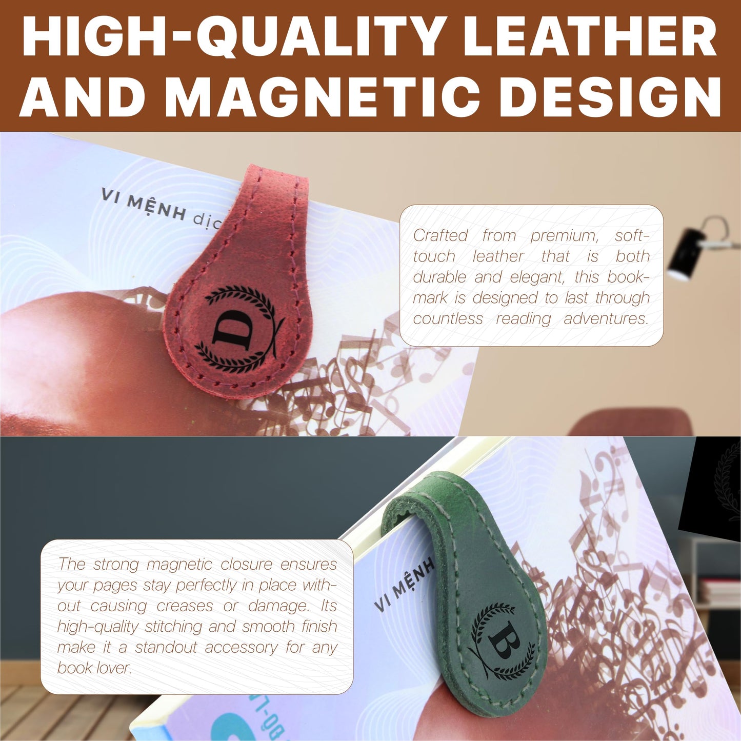 Personalized Magnetic Leather Bookmark - Genuine Leather Custom Bookmark with Initials, Handmade Magnetic Clips for Book Lovers, Readers, Kids, and Women - Premium Magnet Bookmark Charm (Green, G)