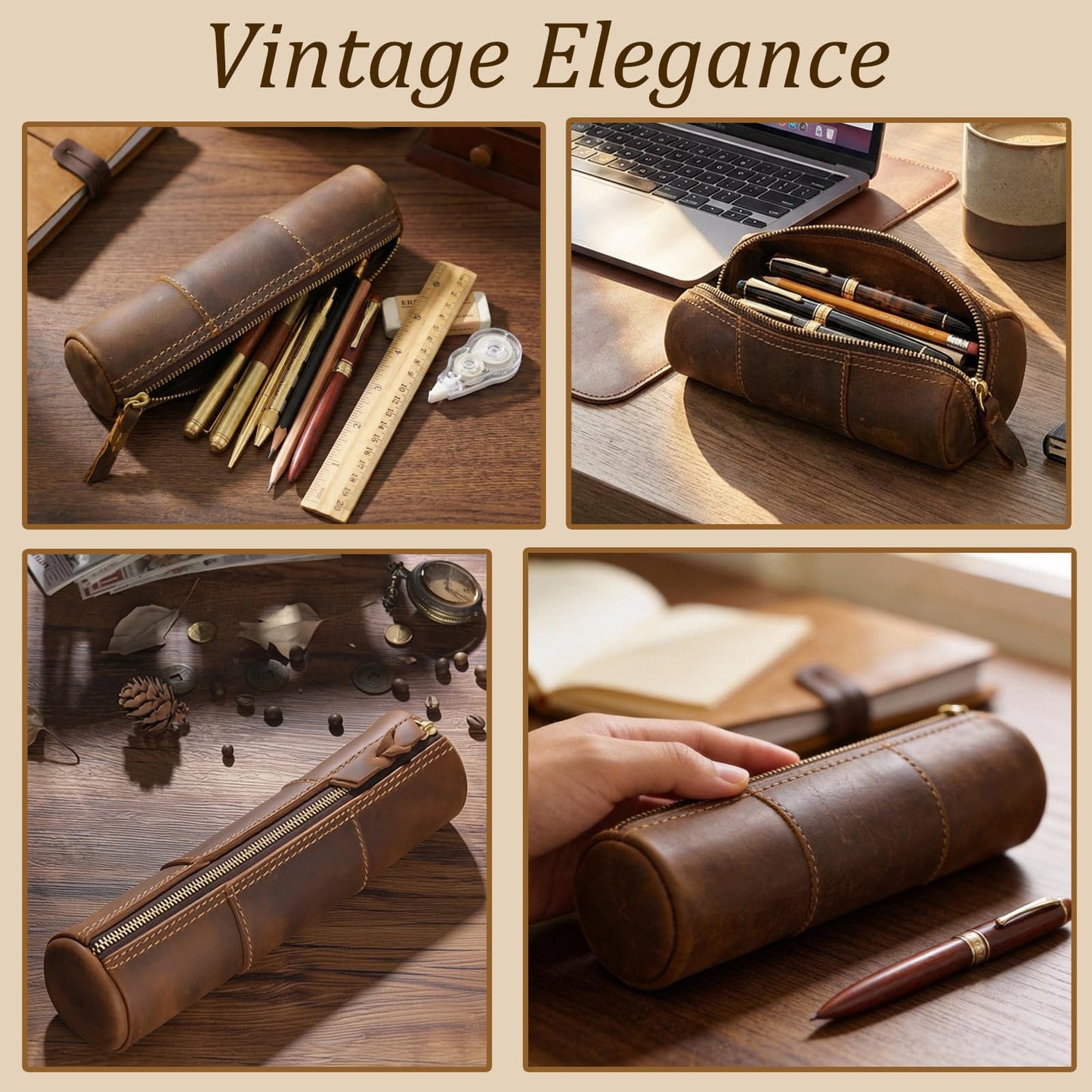 Yeedonzo Leather Pencil Case, Full Grain Zippered Pen Pouch & Multifunctional Organizer, Brown Stationery Bag for Work & Office Supplies
