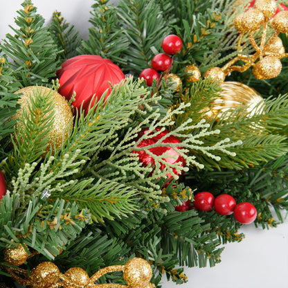 9FT Artificial Christmas Prelit Garland with 50 White Light, Pulg in, Pine Cones, Gold and Red Ball, Red Berris Mantle for Indoor Holiday Door Home Decorations Stairs Fireplaces Wall