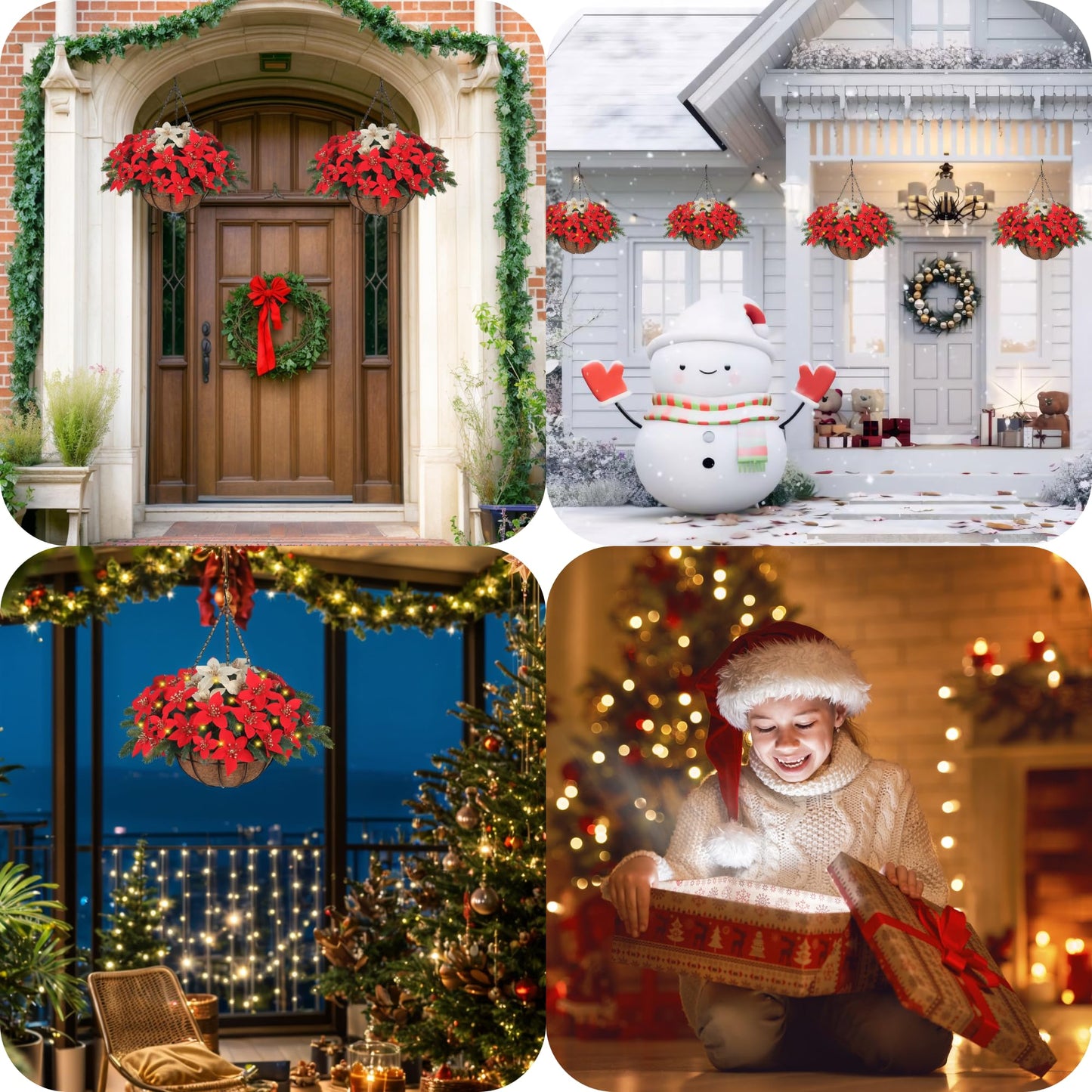 Florielle Artificial Fake Christmas Hanging Flowers Plants Basket with LED Lights, Faux Poinsettia, Pine Branches, for Outdoor New Year Xmas Decoration, Porch Home Holiday Decor (Green Pine Branches)