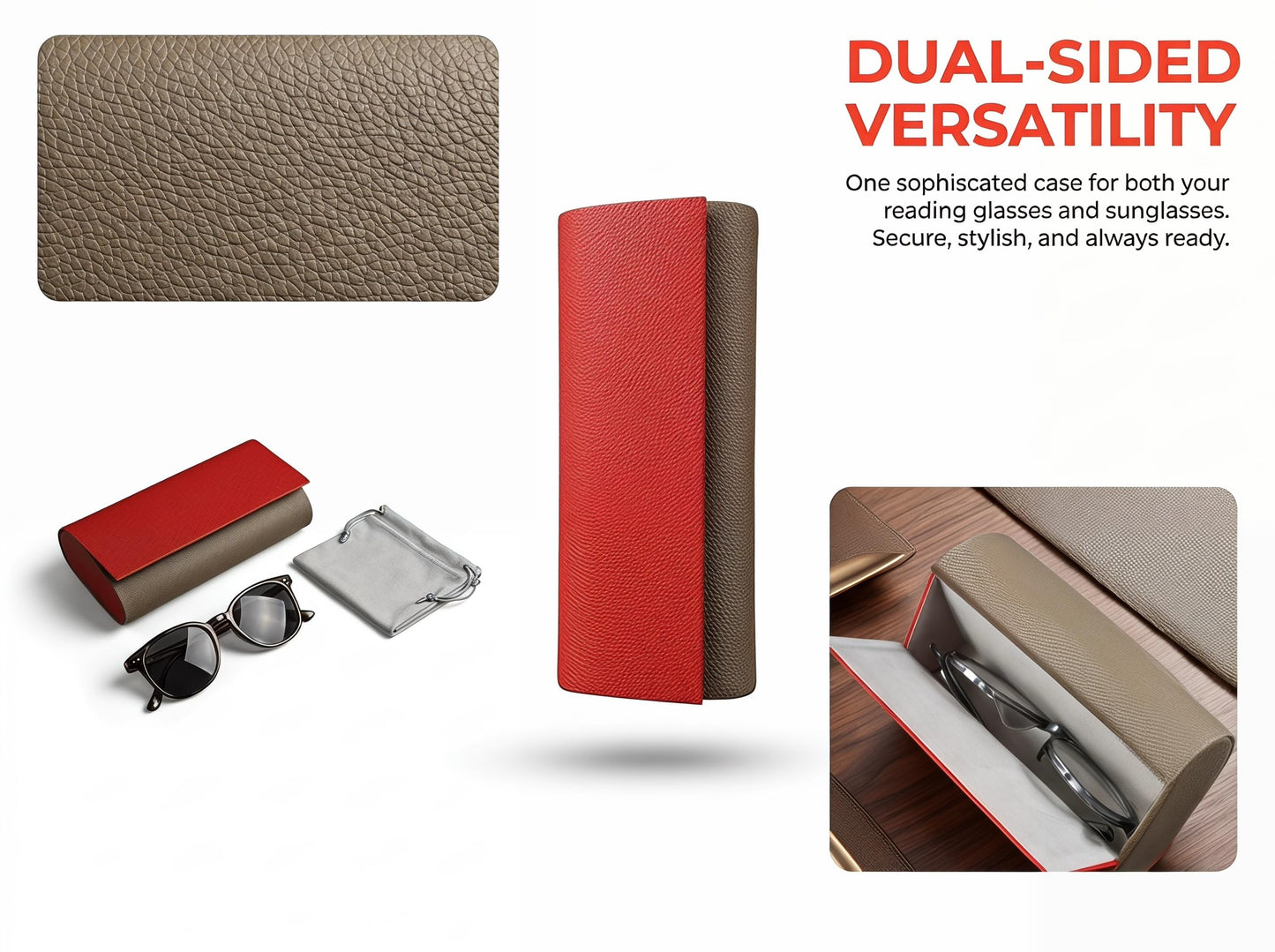 MBQBBBZ Double Glasses Case Hard Shell,Double Sunglasses Case & Double Eyeglass Case with Cleaning Cloth & Storage Pouch (Red-Gray)