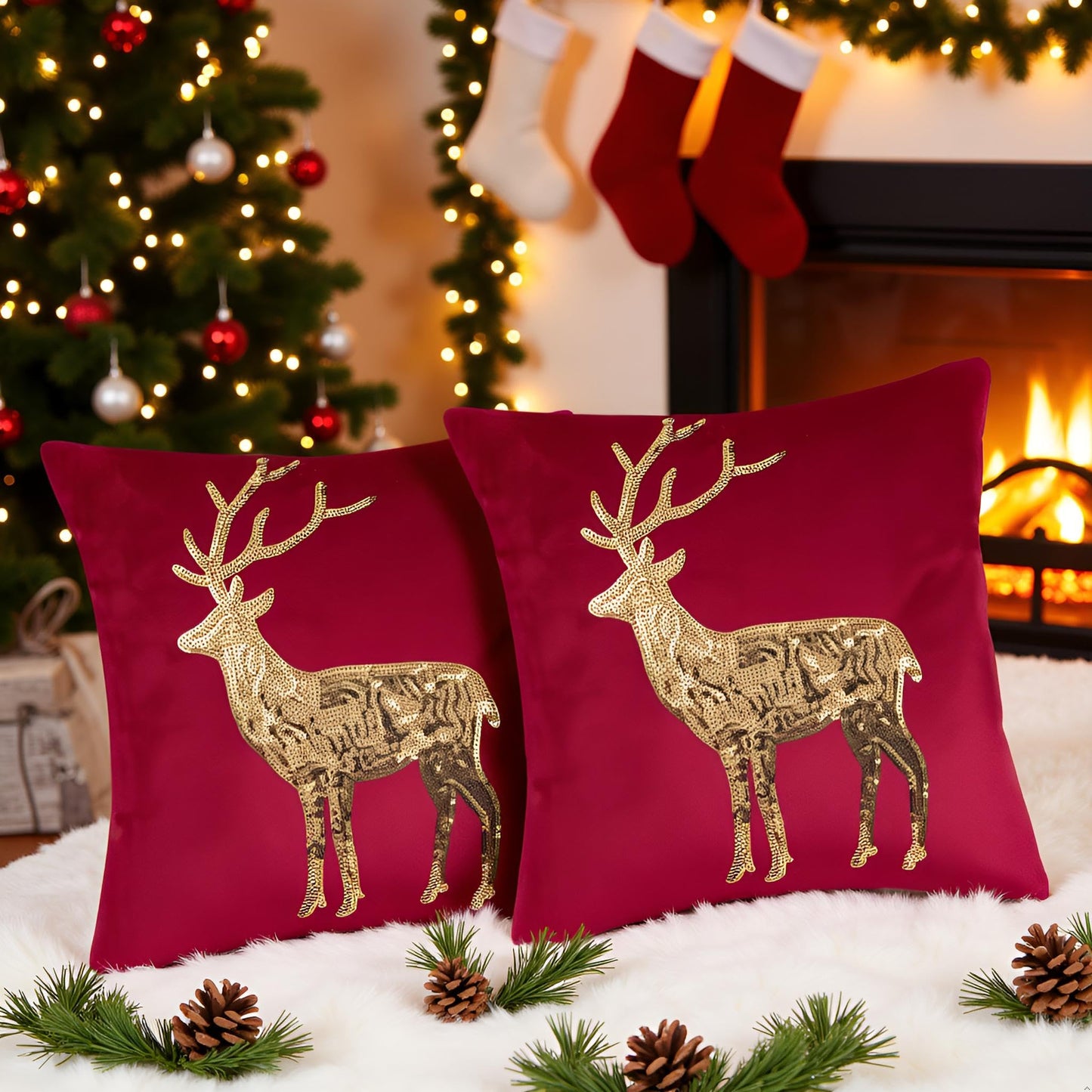 Tosleo Christmas Pillowcases 18 x 18 inch Set of 2 Red Deer Sequins Throw Pillow Cover Xmas Pillow Case Party Decor Winter Holiday Cushion Cases