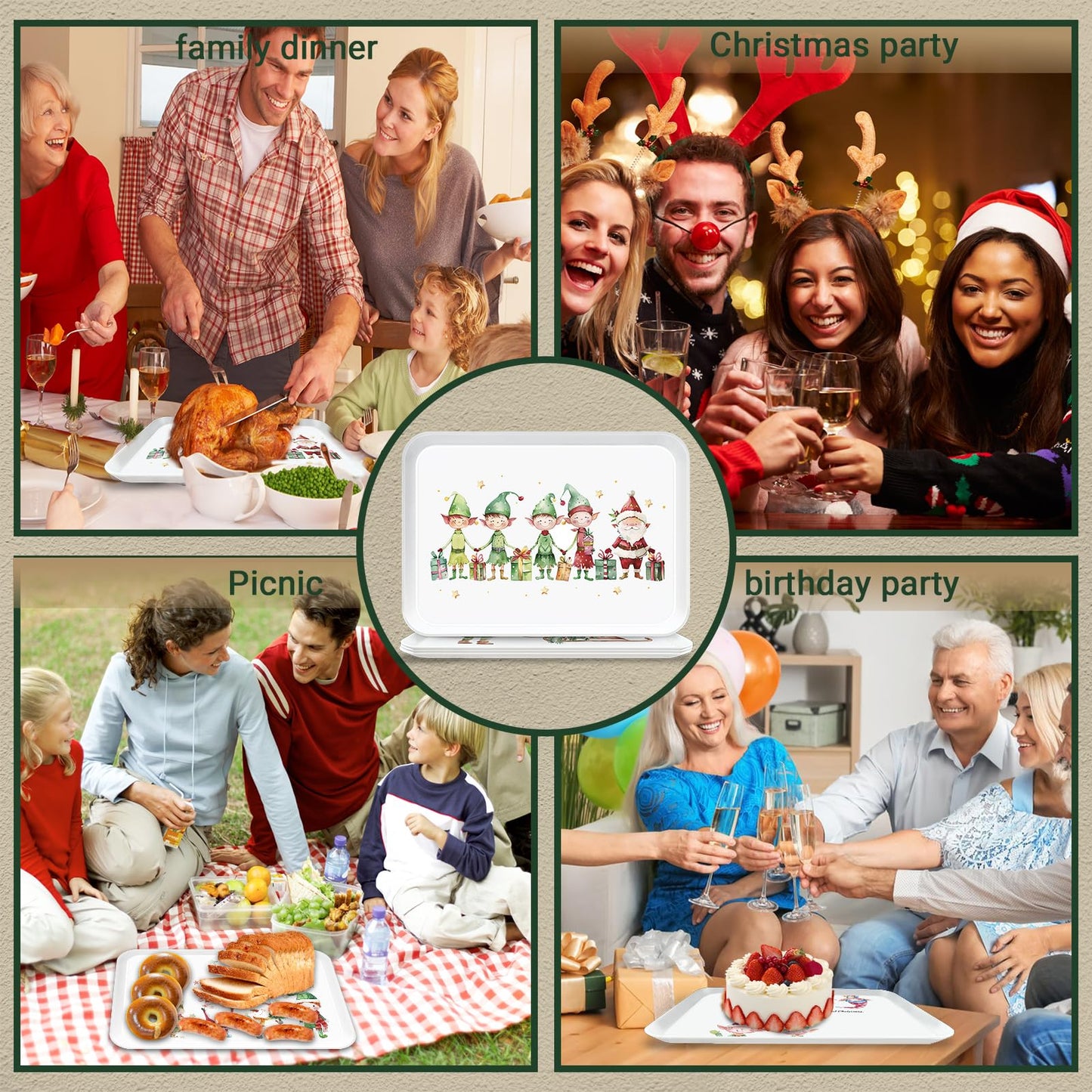 VIYNRAN 4-Piece 15 x 11 Inch Christmas Serving Tray Set, Reusable Melamine Platters with Cute Elf Cartoons, Holiday Party Trays for Snacks, Fruit, Desserts, and Candy, Rectangular Design