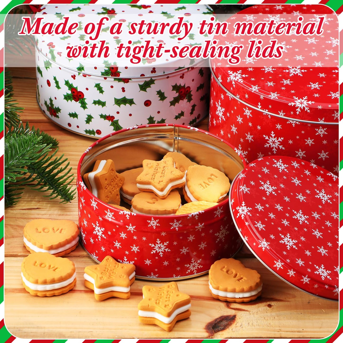 Yaomiao 9 Pcs Christmas Cookie Tins Set 3 Sizes Decorative Cookie Boxes Christmas Tins with Lids Holiday Treats Round Metal Nesting Containers Candy Biscuits Treat Boxes(Snowflakes, Red Berries)