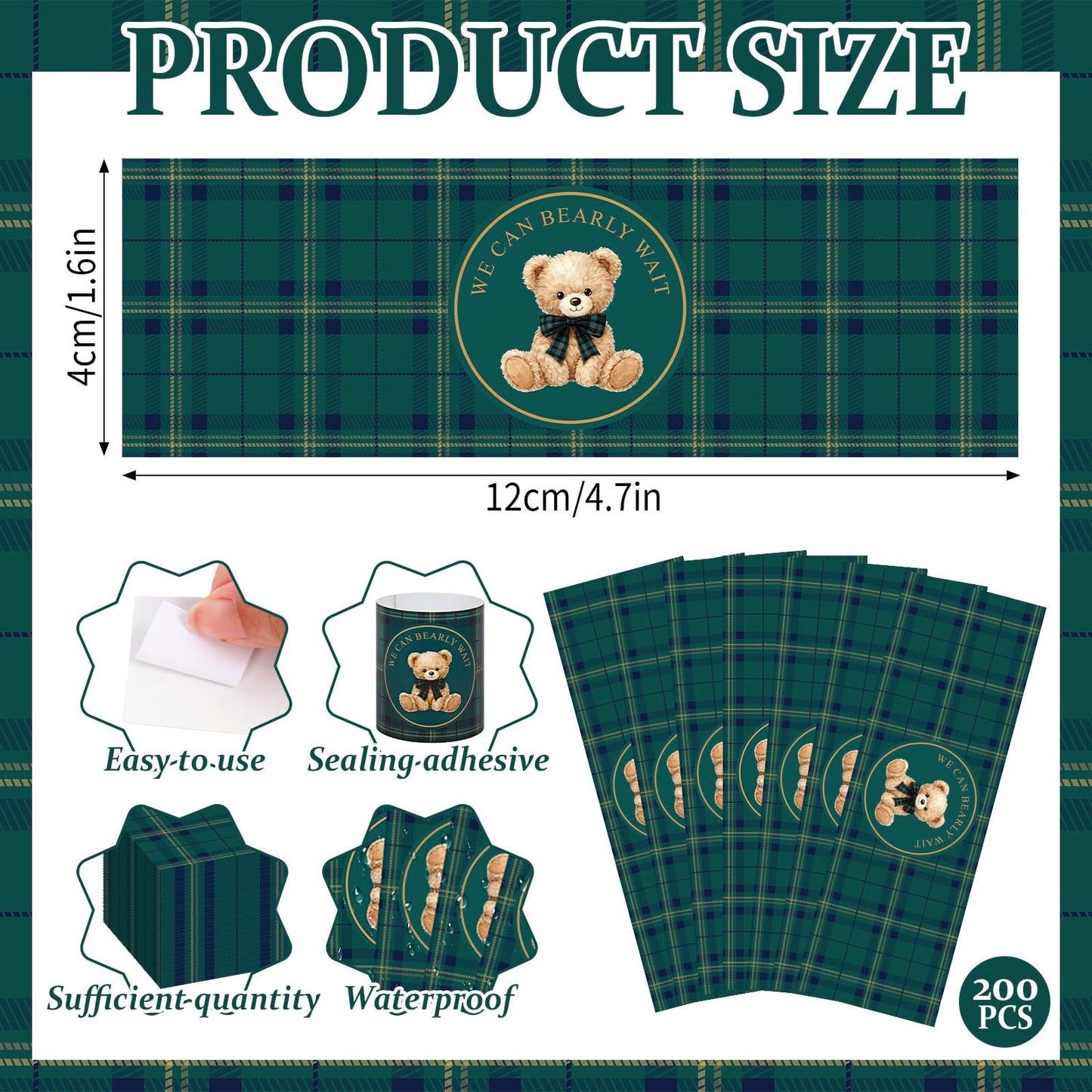 Whaline 200Pcs Tartan Plaid Bear Napkin Ring Cute Bear Self-Adhesive Napkin Holder Baby Shower Paper Dinner Table Ring for Birthday Gender Reveal Party Table Setting Decorations