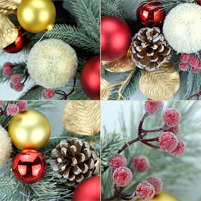 YULETIME 20-inch Christmas Wreath, Battery Operated Holiday Wreath with 20 Fairy Lights, Red & Gold Baubles, Frosty Red Berries, Pine Cones, Golden Leaves, Frosted Spruce Branches & Pine Needles