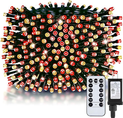 Minetom 328 Ft 1000 LED Christmas Tree Lights Outdoor Indoor String Lights with 8 Modes Waterproof Twinkle Xmas Light with Remote, Plug in Rice Lights for Tree Christmas Decorations, Red & Warm White