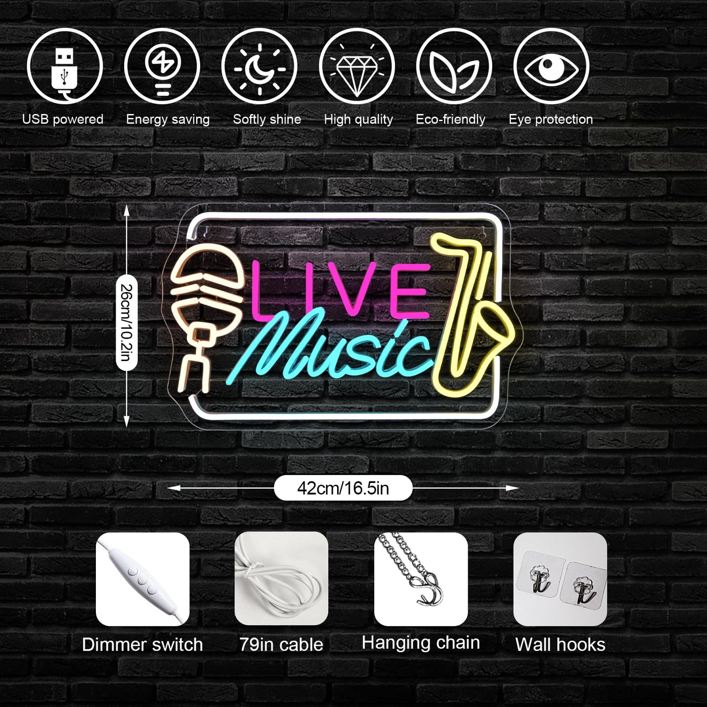 Horseneon Live Music Neon Sign Bright LED Wall Decoration for Music Venues, Bars, Clubs or Homes, USB Power Adjustable Brightness, Classic Song Theme Decoration