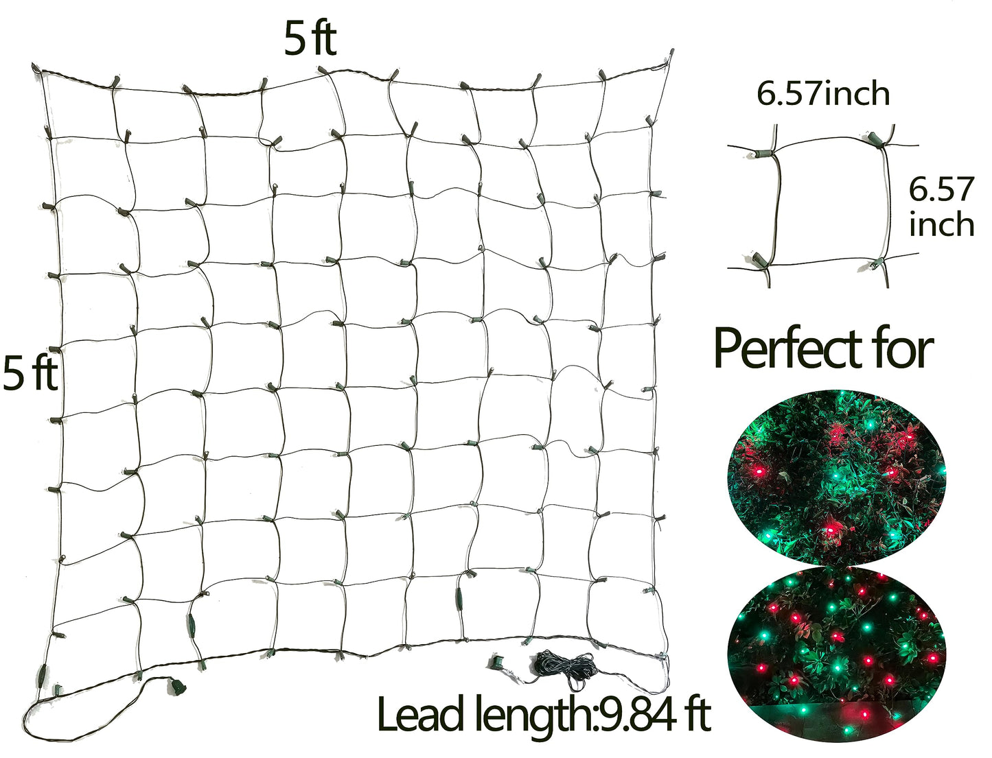 HISHINY LED Christmas Net Lights Outdoor, 5ftx5ft 100LED Green Wire, Connectable Bush Mesh Net Lights String for Halloween Christmas Party,Shrub,Yard,Tree（Red&Green）