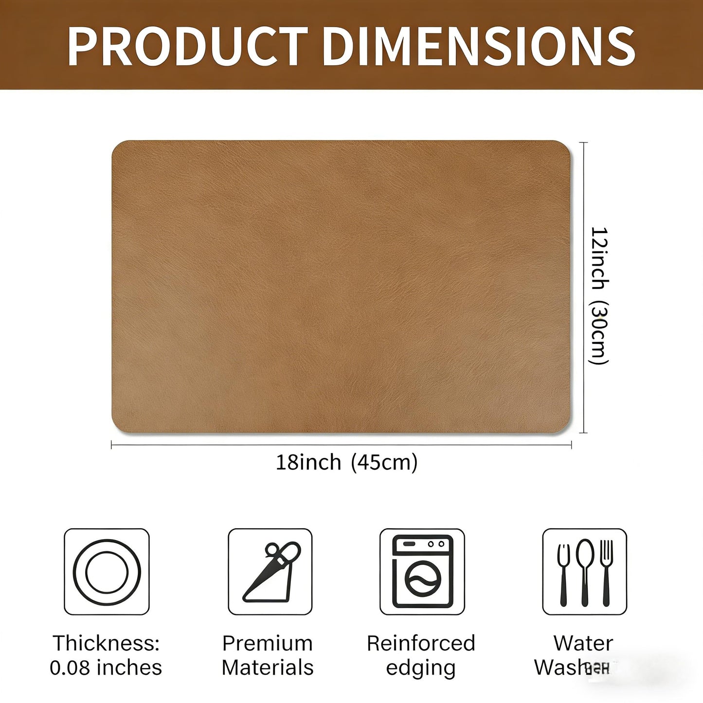 Faux Leather Placemats Set of 6, 18×12 Inch Waterproof Wipeable PU Place Mats Heat Resistant Anti Slip Dining Table Place Mats for Kitchen Dining Indoor & Outdoor Use (Light Brown)