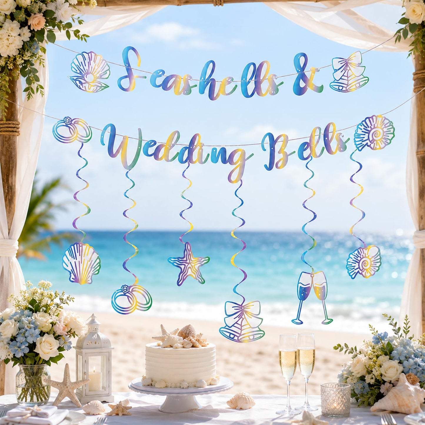 Seashells and Wedding Bells Decor - Rainbow Iridescent Holographic Bachelorette Bridal Shower Decorations Last Toast on the Coast Party Garland Hanging Swirls