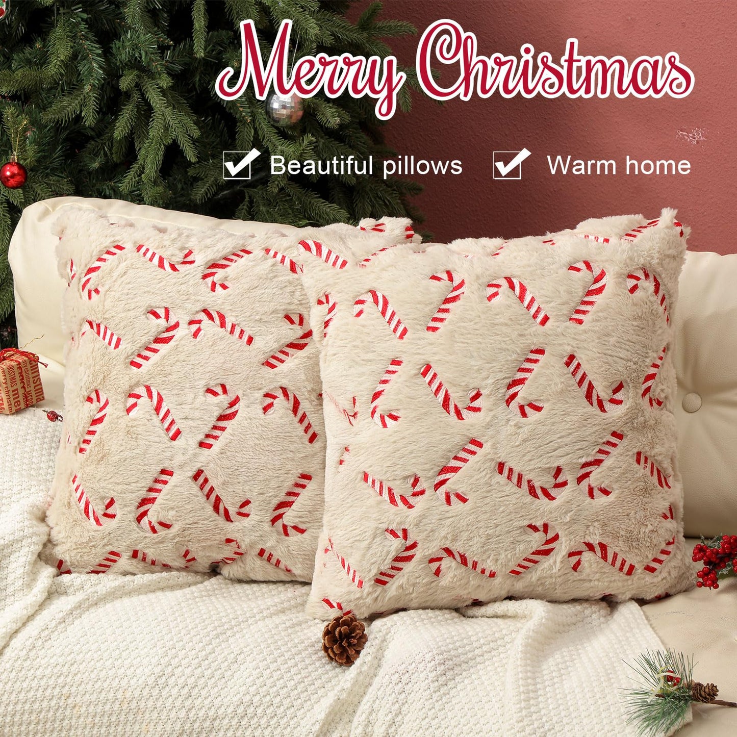 Tranqun 4 Pcs Christmas Candy Cane Throw Pillow Covers 20x20 Inch Xmas Red Candy Embroidery Pillowcases Fluffy Christmas Cane Decorative Cover for Winter Holiday Farmhouse Living Room Sofa Car Decor