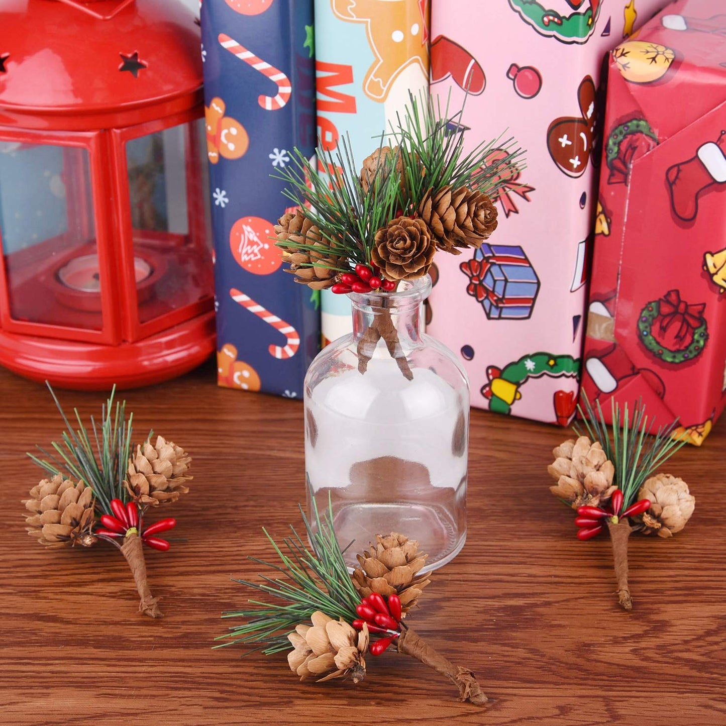 CHRORINE 15 Pcs Artificial Pine Cone Picks and Red Berry Mini Artificial Pine Tree for Christmas Party Flower Wreaths and Holiday Decorations