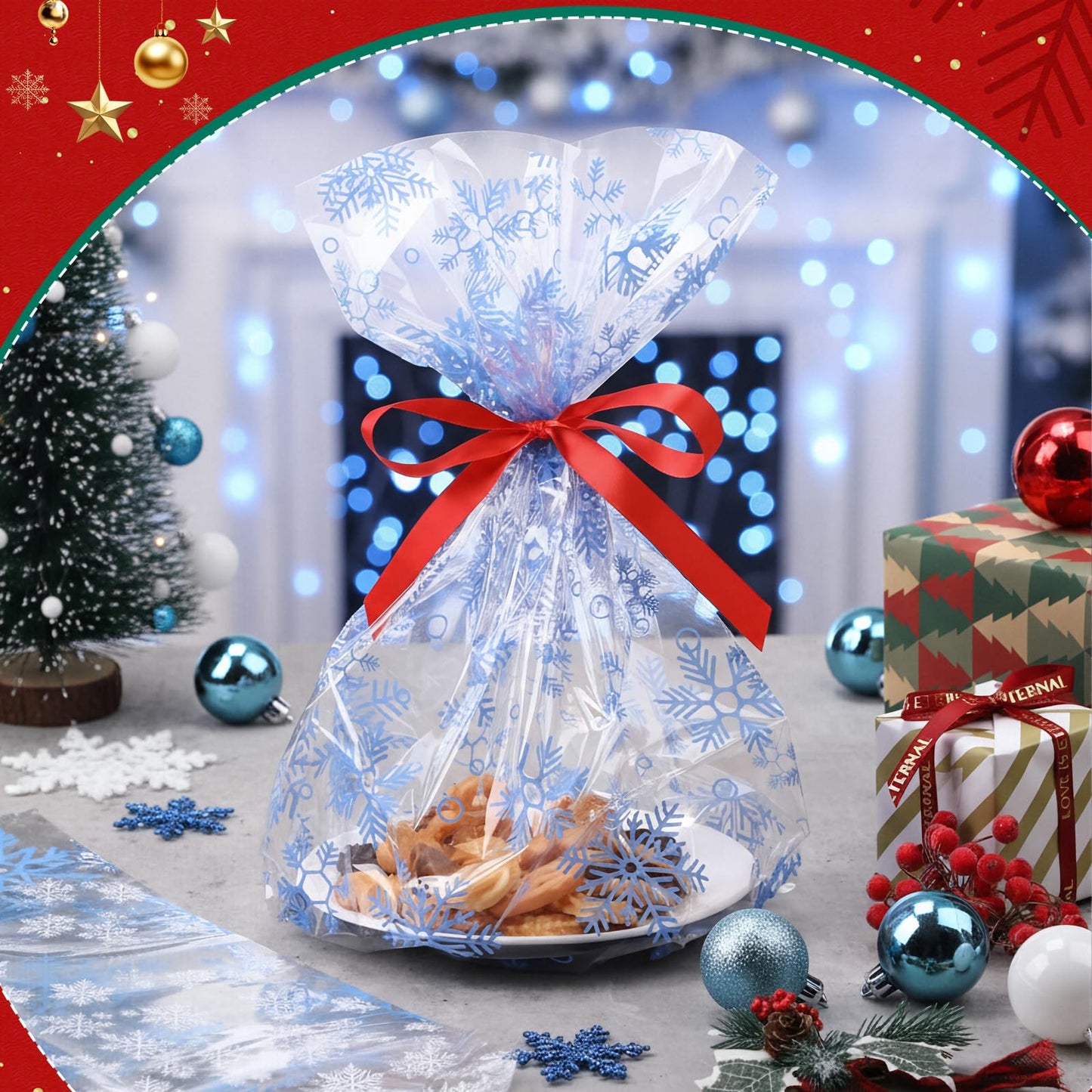 Tenceur 100 Sets Cellophane Cookie Tray Bags with Red Ribbons 15.8" x 19.7" Clear Cellophane Goodie Treat Basket Bags for Gift Giving Xmas Holiday Parties Wrap (Vivid Style)
