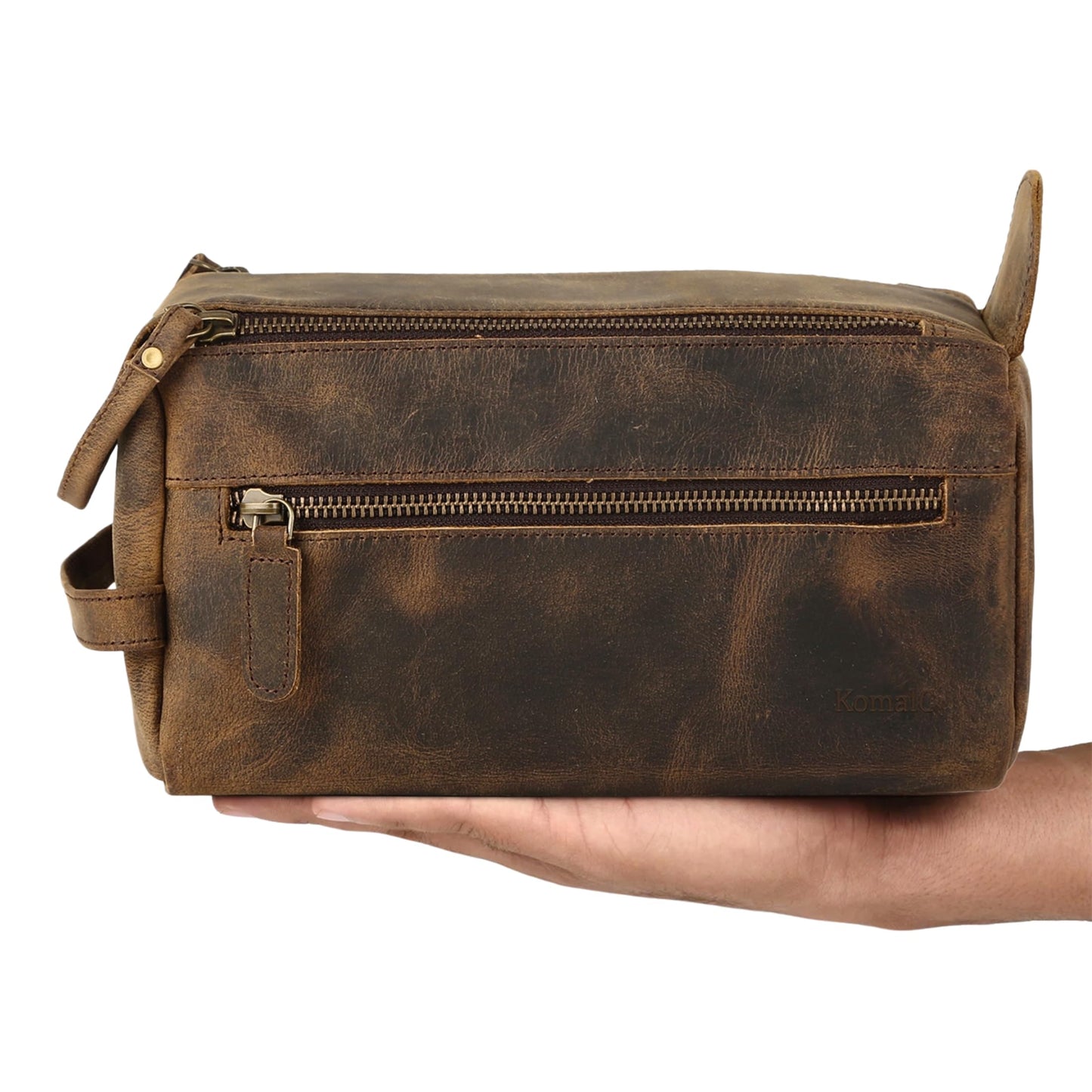 KomalC Premium Buffalo Leather Toiletry Bag for Men & Women – Leather Shaving Kit With Water resistant Lining, Premium Toiletry Travel Pouch, Unisex Wash Bag for Toiletries, Gifts for Men and Women