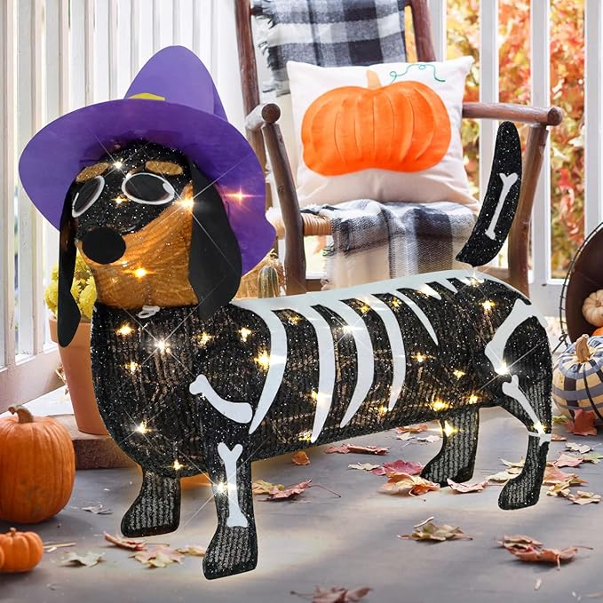 Pre-lit 25.5 Inches Long Halloween Skeleton Dachshund Dog with Witch Hats with Twinkle Lights Indoor Outdoor Decorations Halloween Decorations Lights for Home Garden Party Yard Decor Black