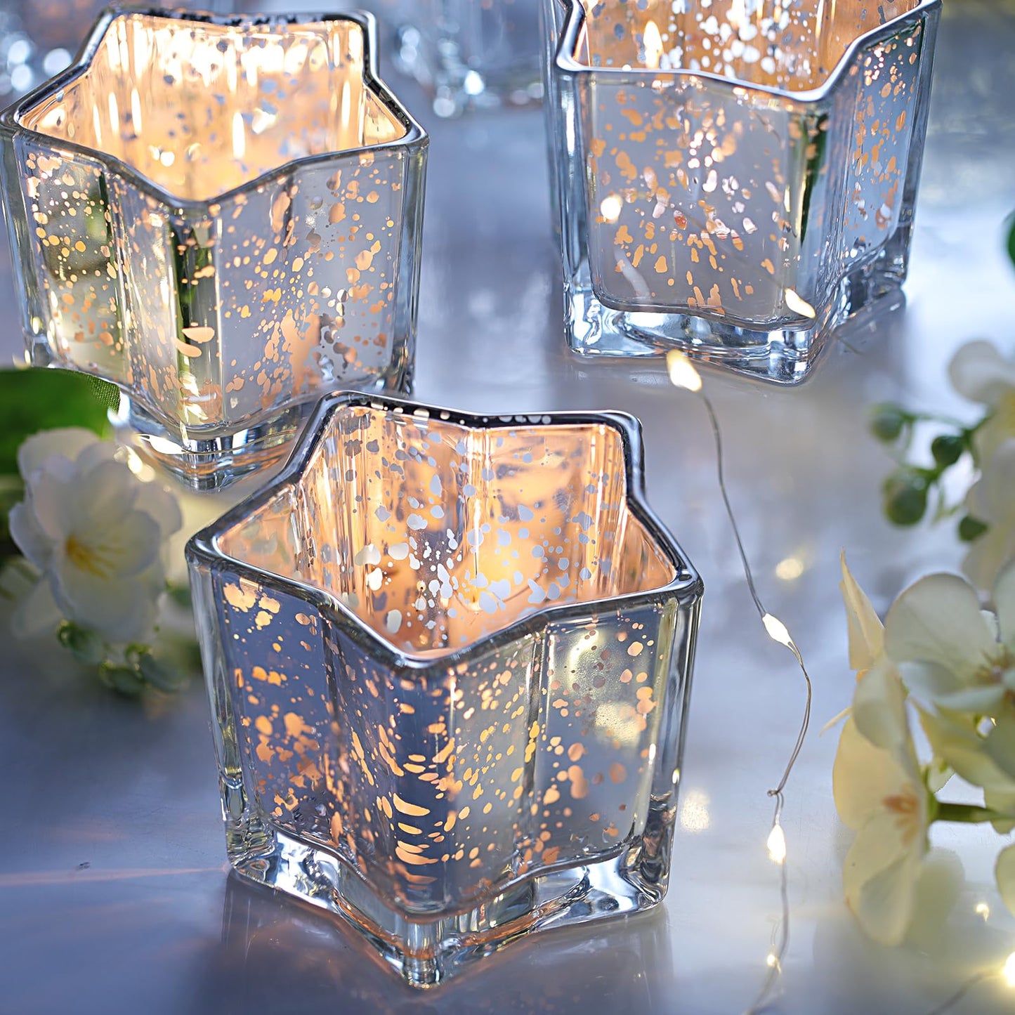 Letine 8pcs Silver Star-Shaped Candle Holders, Tea Light & Votive Candle Holders for Diwali, Wedding, Fall Table Centerpiece, Celestial Glow Jar, Lucky Star Jar & Holiday Decorations (2.44" H)