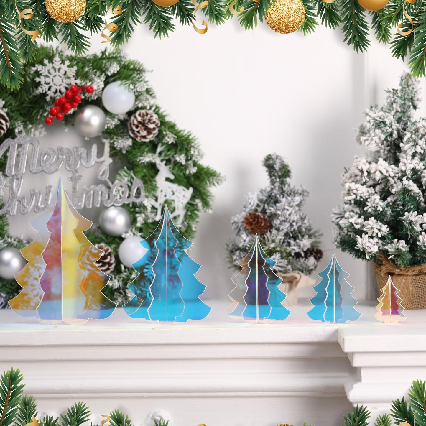 Amyhill 5 Set Holographic Christmas Tree Decor for Fireplace Mantel Iridescent 3D Christmas Tree for Window Shelves Table Centerpieces Modern Party Winter Decor