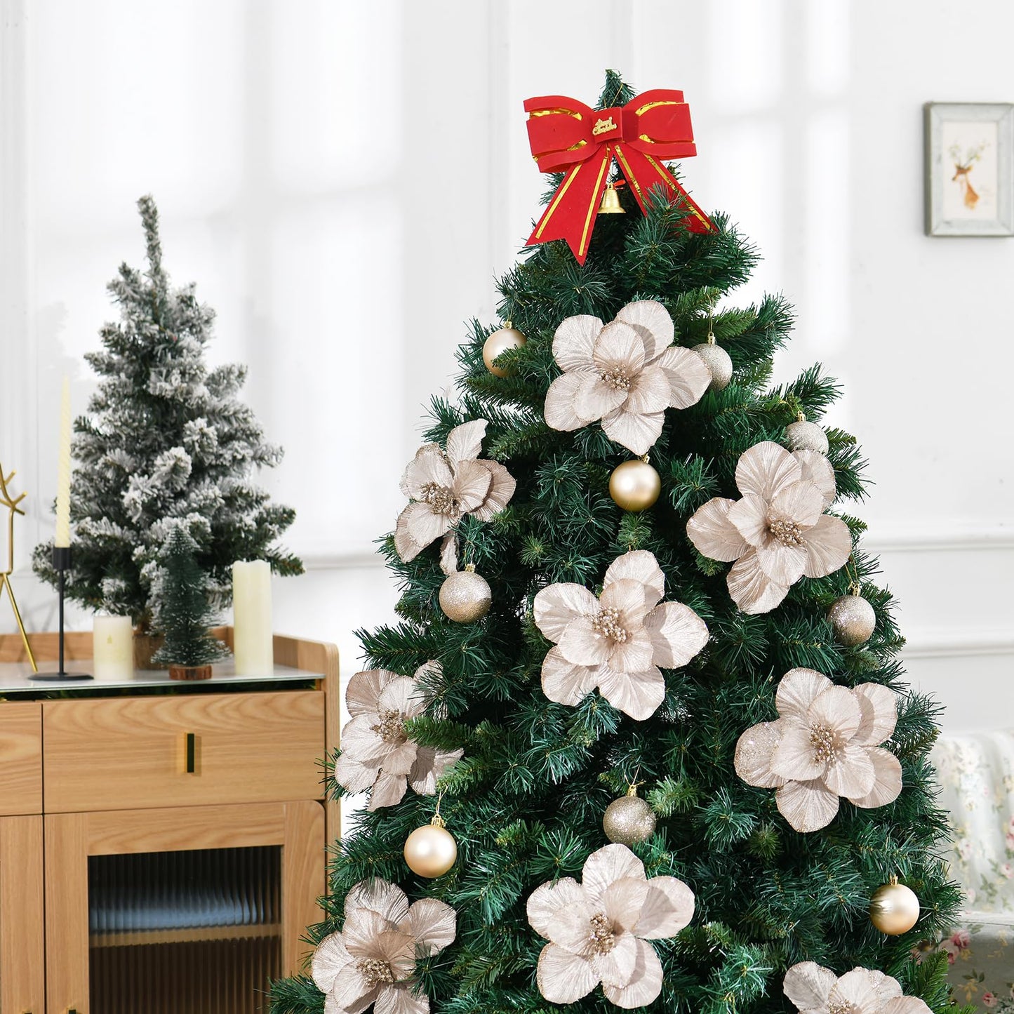 YSZL Christmas Poinsettias Artificial Magnolia Flower Ornaments Floral Picks Stems Christmas Tree Decorations Pack of 10 for Xmas Tree Party Wedding Centerpiece (Champagne)