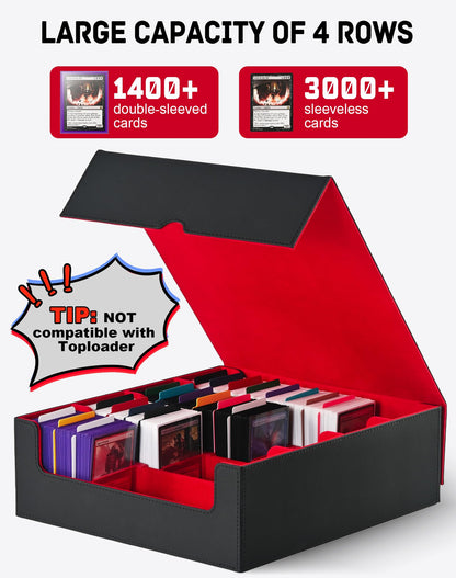 ZLCA Card Storage Box for MTG PTCG, Commander Deck Box Holds 3200+ Cards, Trading Card Storage Case with 4 Stoppers, Card Organizer for TCG Sport Cards(Black&Red)