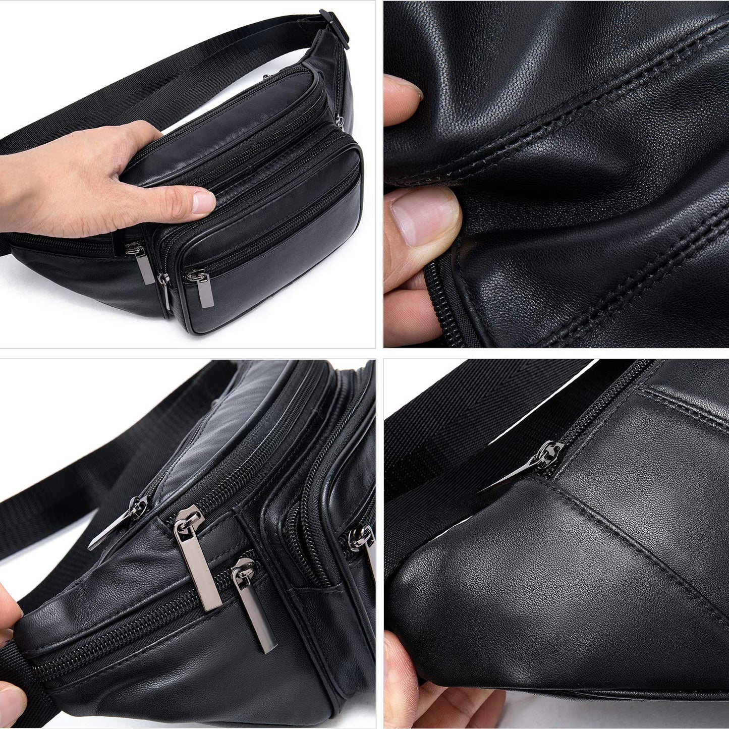 Genuine Leather Fanny Pack Men Women Multi-Pockets sling Waist Bag For Travel Sports Hiking Cycling Fishing Running Black Small