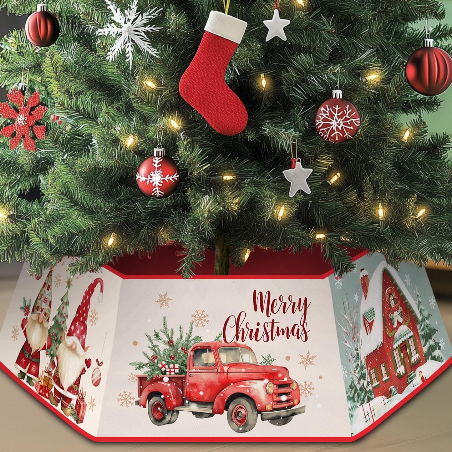 Christmas Tree Collar for Artificial Trees, Red Winter Snowman Truck Santa Claus Rustic Country Christmas Decoration, Fabric Hexagonal Base Tree Collar Skirt for Xmas Tree Decorations Holiday Party