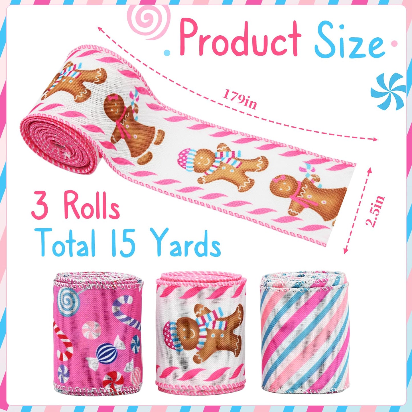 CRAFLOX Pastel Christmas Gingerbread Wired Ribbon for Wreath Bows, 3 Rolls, 2.5″ Wide, 15 Yards Total, Pastel Pink Candy Striped Wired Edge Ribbon for Crafts Supplies, DIY Bows