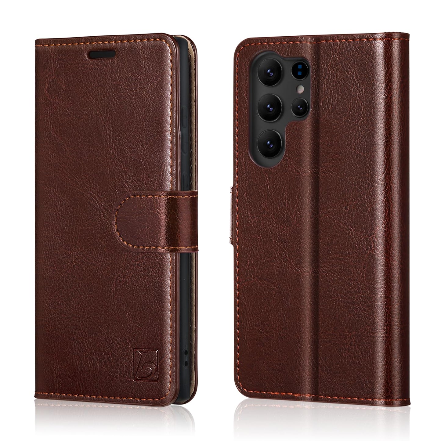 Belemay Wallet Case for Samsung Galaxy S25 Ultra, Two-Tone Genuine Leather [Durable & Protective] RFID Blocking Card Holders, Shockproof TPU Shell, Kickstand, Drop Protection Flip Cover 6.8", Brown