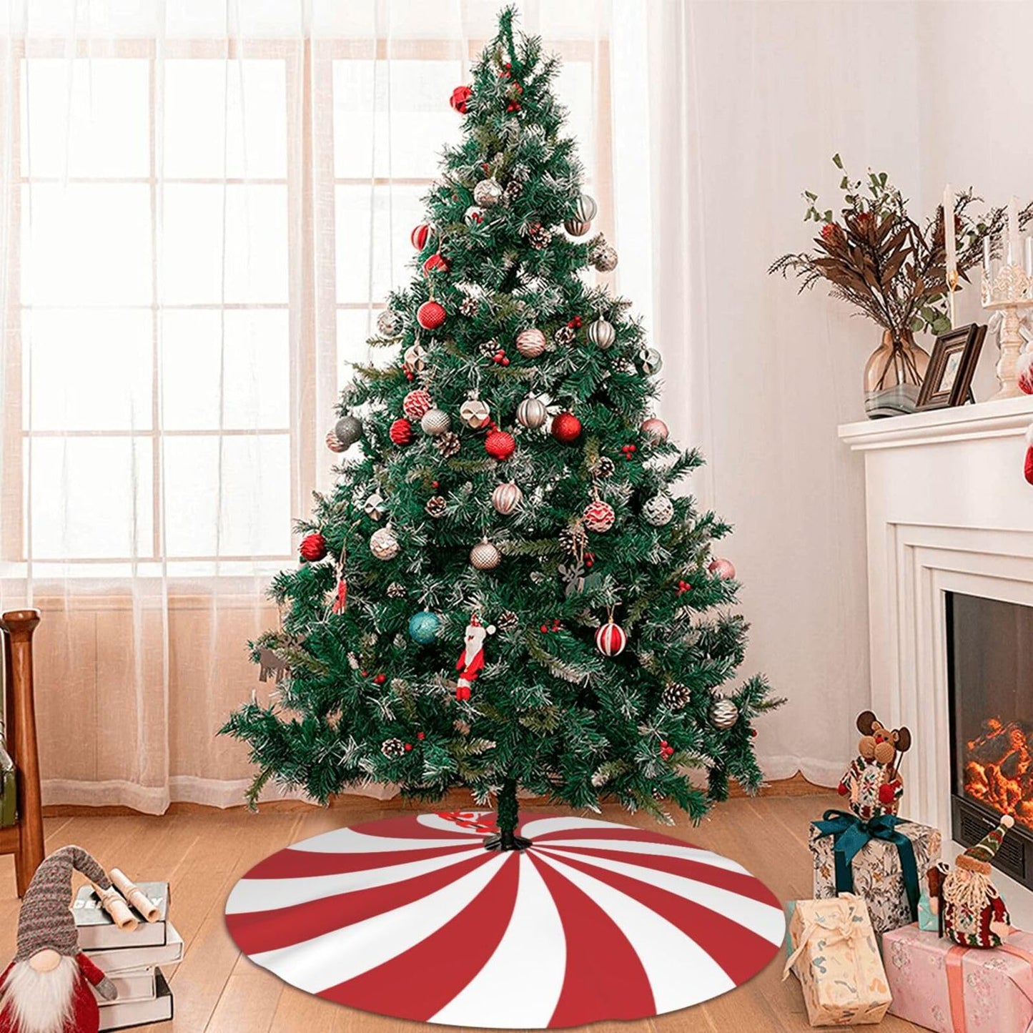Swirl Christmas Tree Skirt 36 Inch Sweet Candy Cane Red and White Mat Funny Party Holiday Festive Decor Supplies for Home Occasion Ornament Decorations