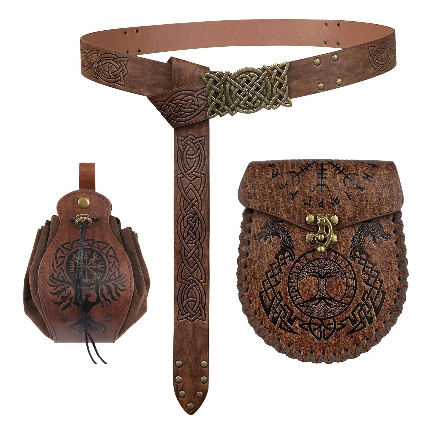 EpicCos 3PCs Medieval Embossed Belt Pouch Set, Viking Buckle Belt Portable Side Bag, Faux Leather Cosplay Accessories (Brown B)