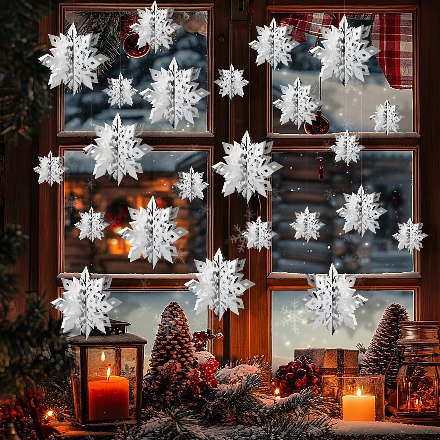 OuMuaMua Christmas Snowflake Decorations Indoor, 24PCS 3D Silver Hanging Snowflakes Garland for Winter Wonderland Decor Xmas Christmas Party Baby Shower Holiday Home Decorations