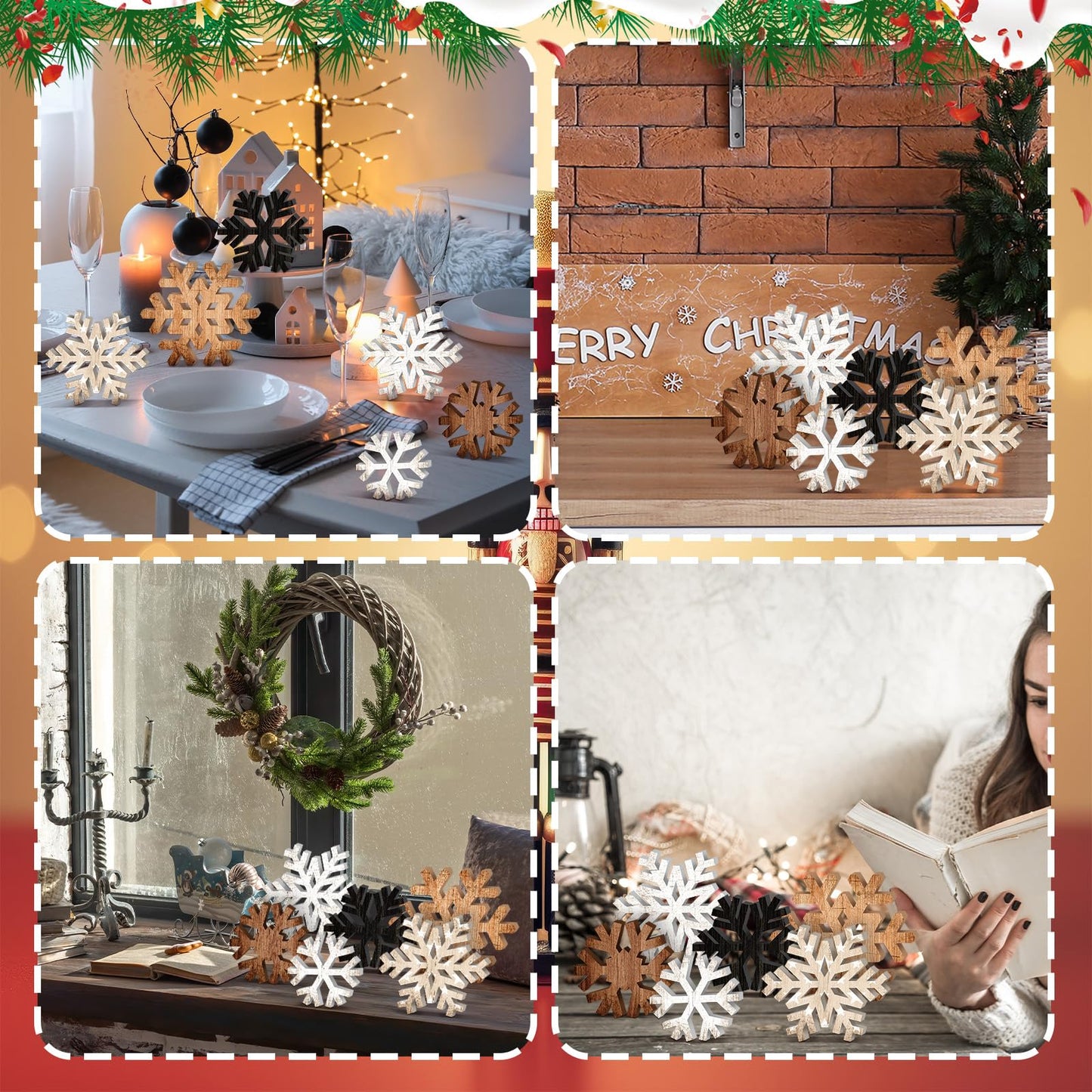 Yuntau 6 Pcs Christmas Table Decoration Wooden Farmhouse Table Centerpieces Rustic Christmas Tree House Reindeer Elk Angel Snowflake Wooden Sign Block Tiered Tray Decor for Xmas Gifts(Snowflake)