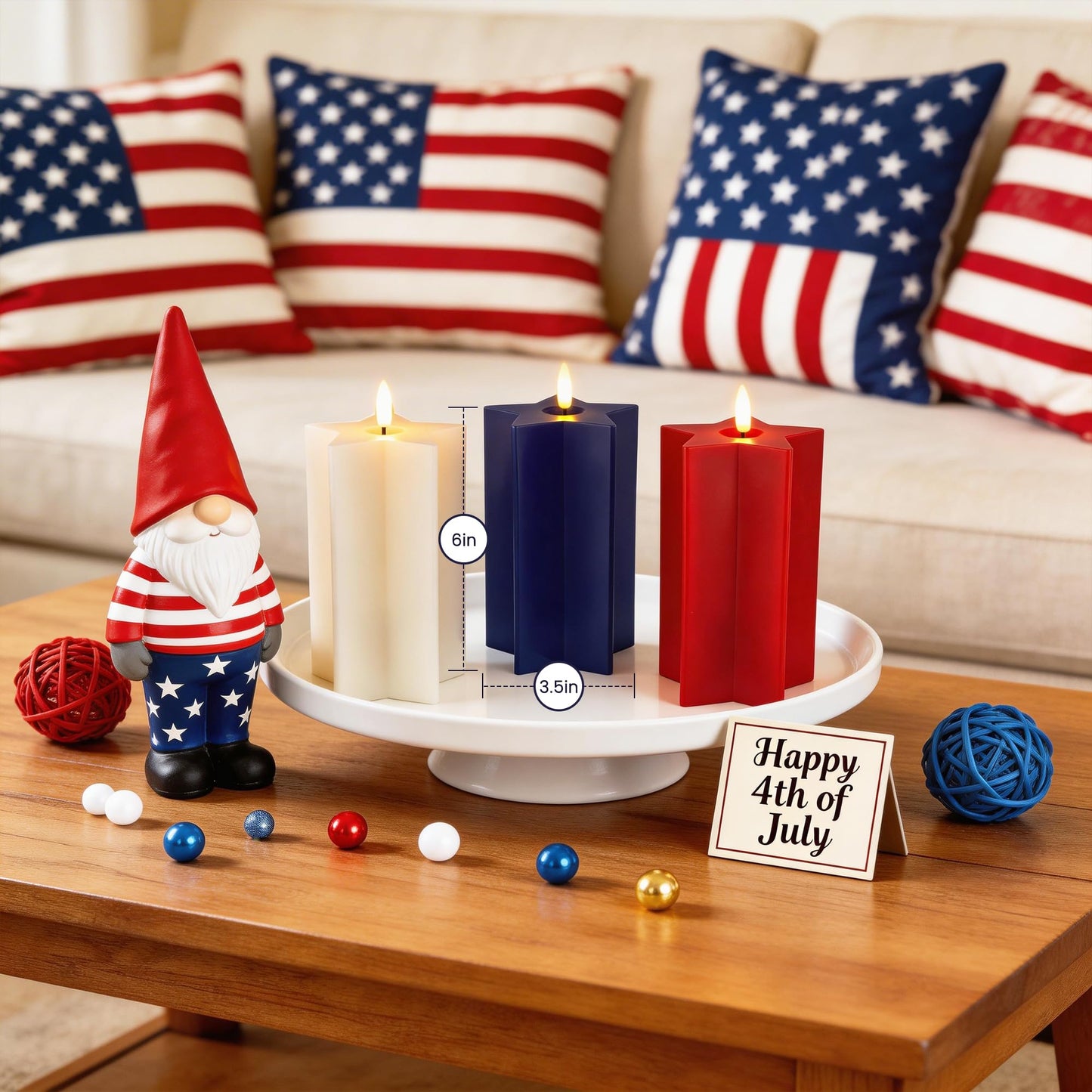 Velsyn Americana Set of 3 Red, White & Blue Star-Shaped Flameless Candle Pillars - Real Wax 3D Flame LED Candle