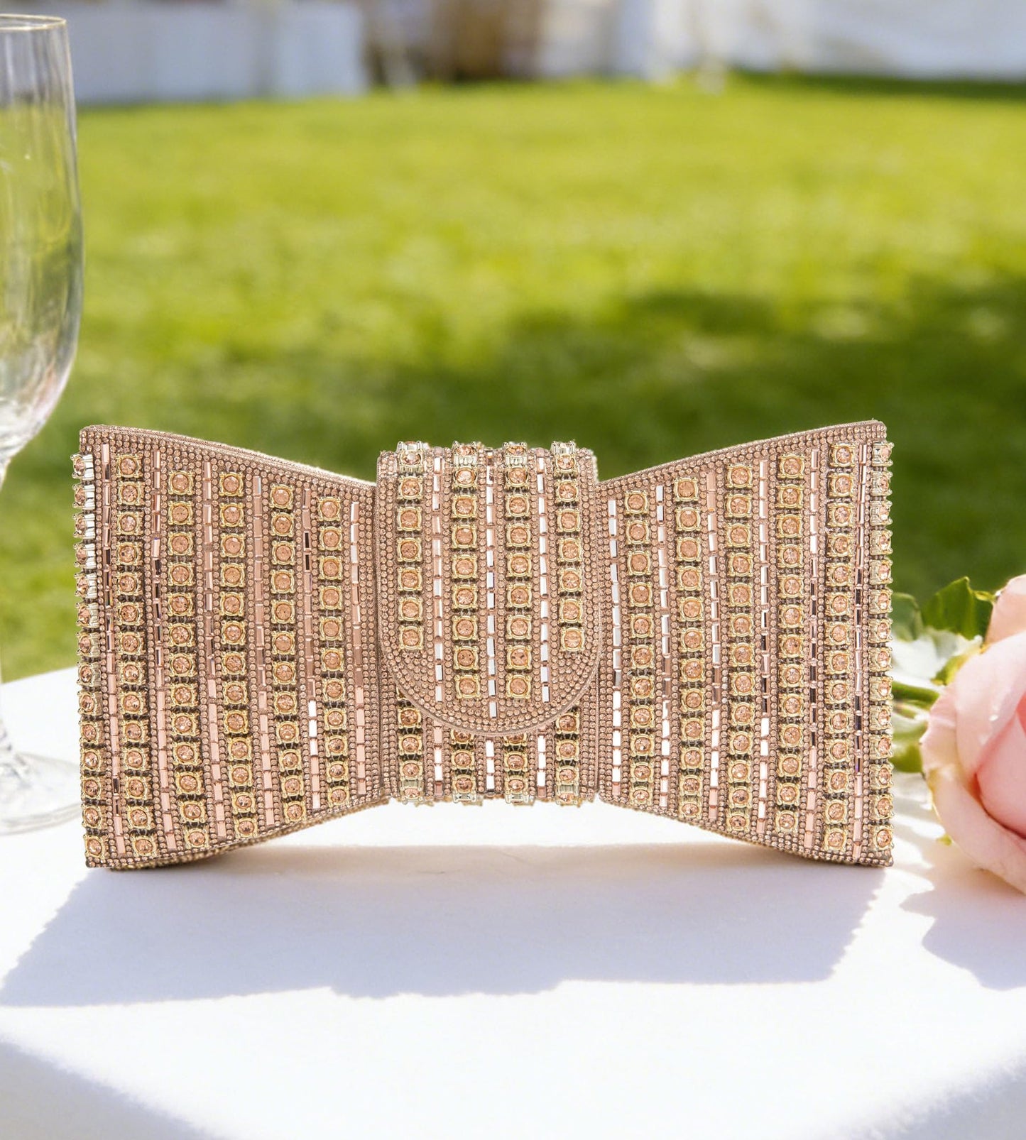 Sweetovo Sparkling Rhinestone Clutch Purse for Women, Elegant Bowknot Shaped Crystal Evening Bag for Wedding Prom Party (B-Champagne Gold)