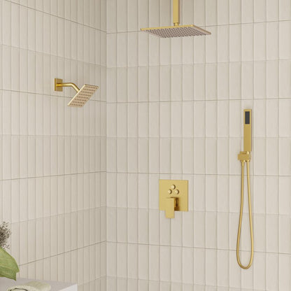 Gold Shower Faucet Set, Brushed Gold Shower System, 10'' Ceiling Shower Head and 6'' Wall Mounted ShowerHead, Dual Gold Shower Head with Handheld Combo, 3 In 1 Push Button Shower Diverter Valve