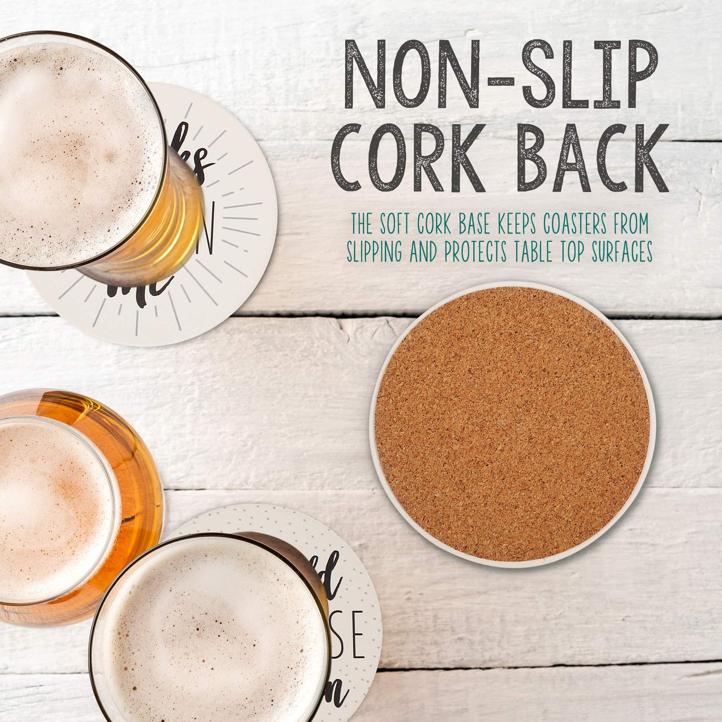 LotFancy 6PCS Ceramic Coasters with Cork Base, Round Coasters with 6 Humorous Sayings, Non-Slip, Bar Room Decor, Housewarming Gift