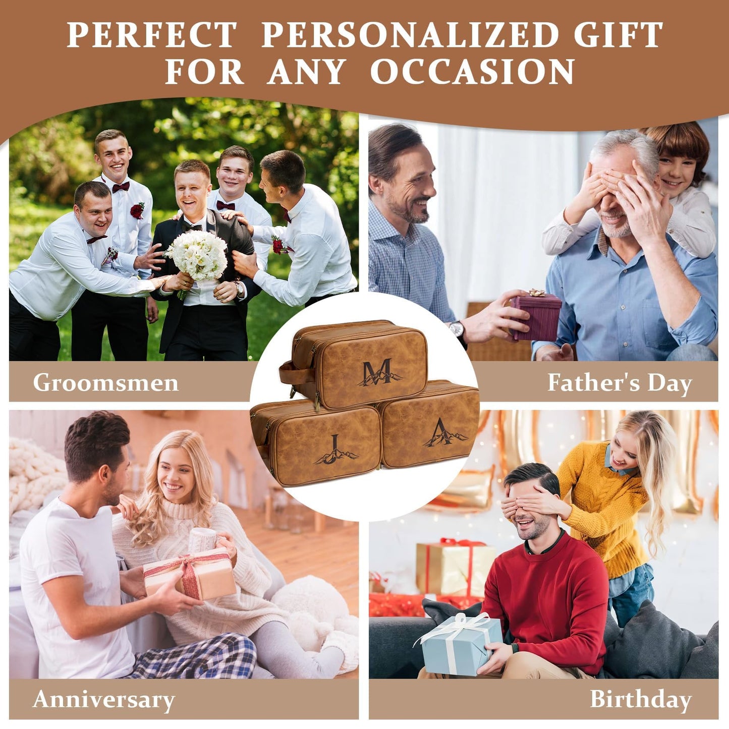 Janhavi Travel Essentials Toiletry Bag, Waterproof PU Leather Initials & Mountain, Groomsmen Gifts, Men's Accessories Organizer, Travel Bags for Men, Gifts for Men(Brown T)