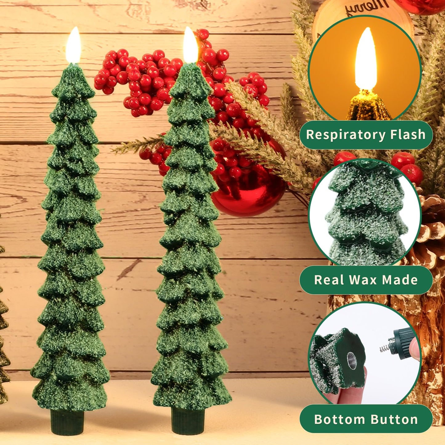 KDVOG 3 Pack Frosted Christmas Tree Candles with Remote, 9.7 Inch Real Wax flameless Taper Candles, LED Green Candlesticks with 3D Flickering Flame for Xmas New Year Home Decor Gifts