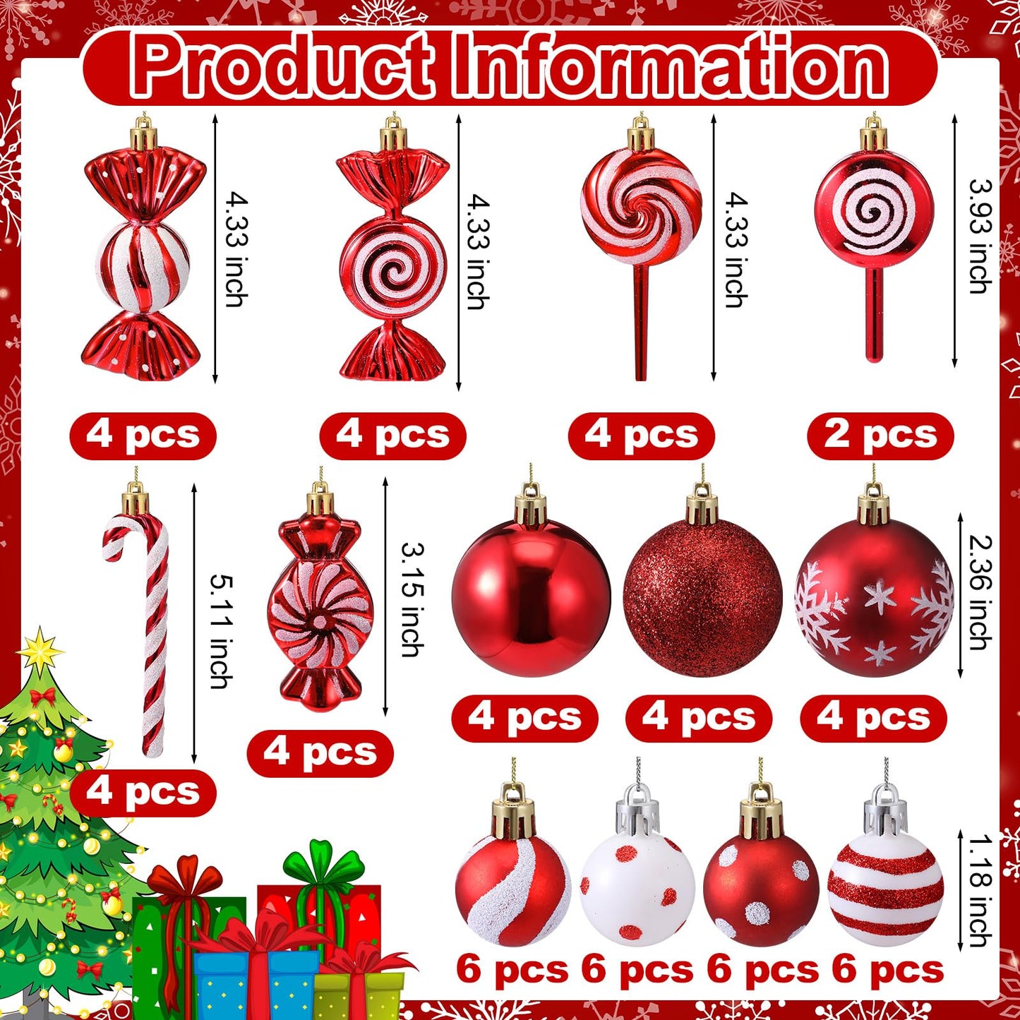 Soulchen 69 Pcs Candy Cane Christmas Tree Ornaments Set Red and White Christmas Decorations Lollipop Picks Shatterproof Hanging Xmas Balls Peppermint Striped Bow for Tree Party Holiday Decorations